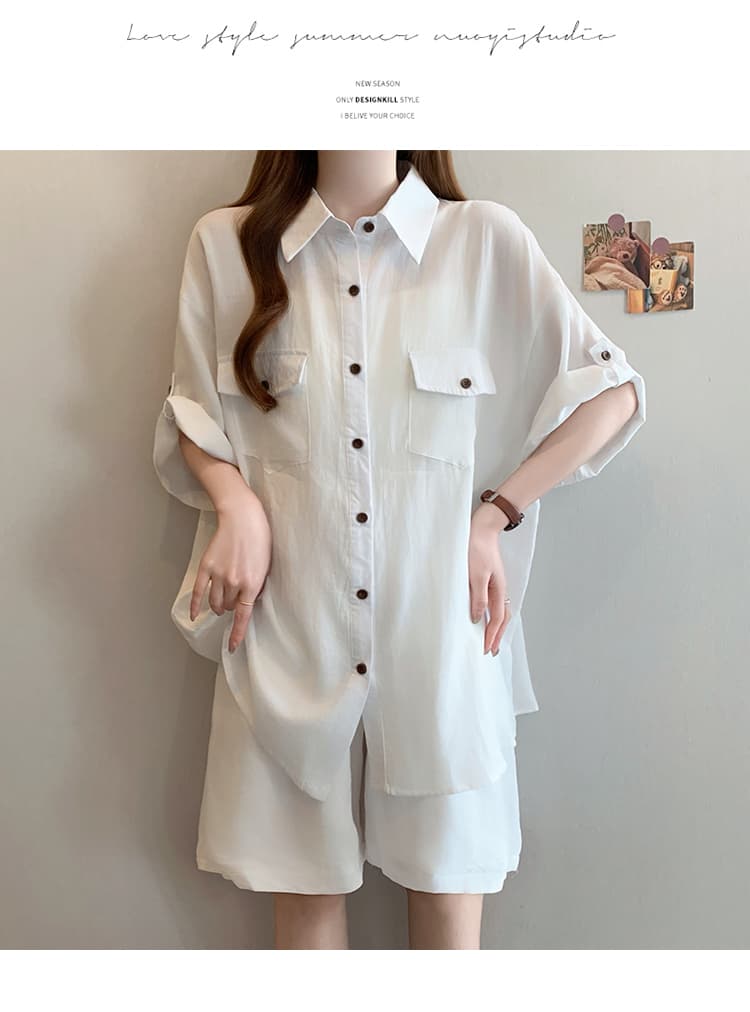 실사 빅 사이즈 여성 의류 여름 섹션 지방 mm 품격 오래된 돈 바람 아마 루즈핏 슬림해 보이는 셔츠 반바지 투피스 슈트 상세 이미지 27