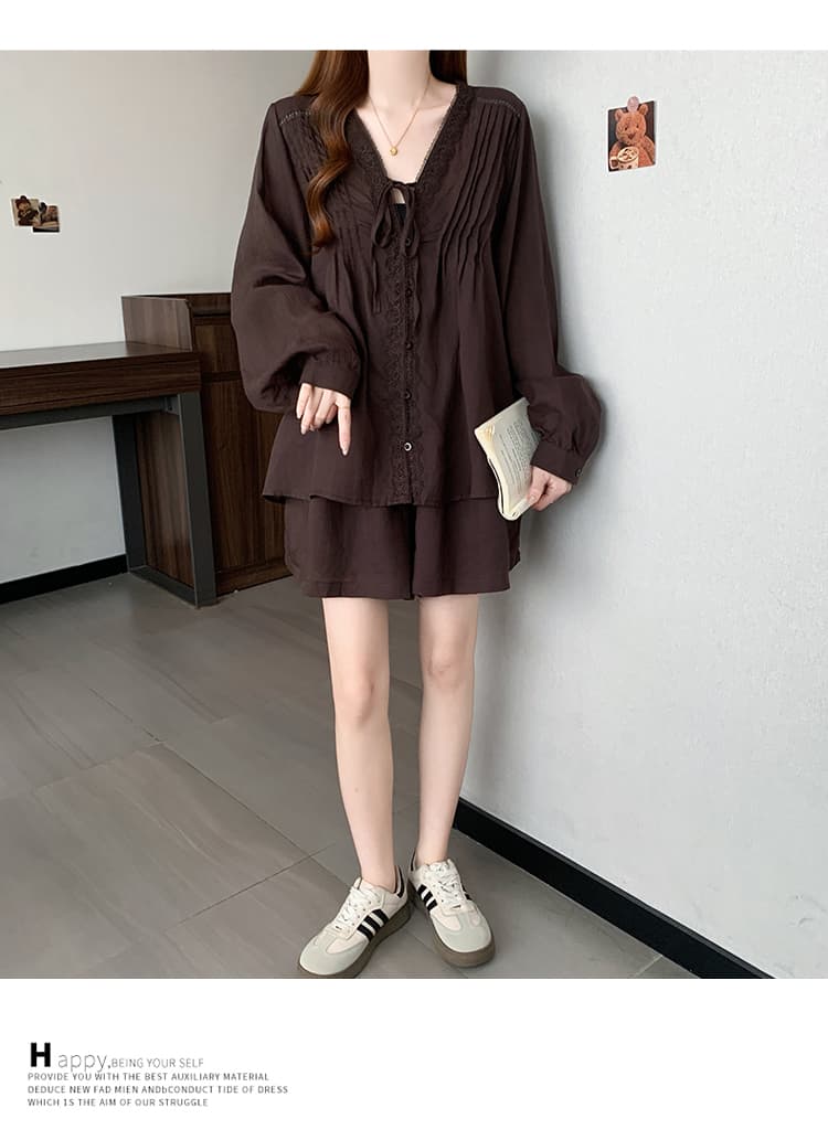 실사 빅 사이즈 여성 의류 여름 드레스 새로운 지방 mm 품격 레이스 레이스 V넥 아마 셔츠 반바지 투피스 슈트 상세 이미지 17