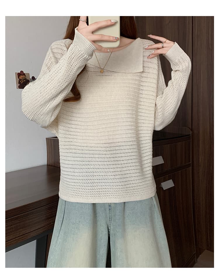 실사 빅 사이즈 여성 의류 가을 의상 새로운 지방 mm 한 부서 홀로우 아웃 불규칙 베이비 칼라 루즈핏 슬림해 보이는 니트 스웨터 상세 이미지 23