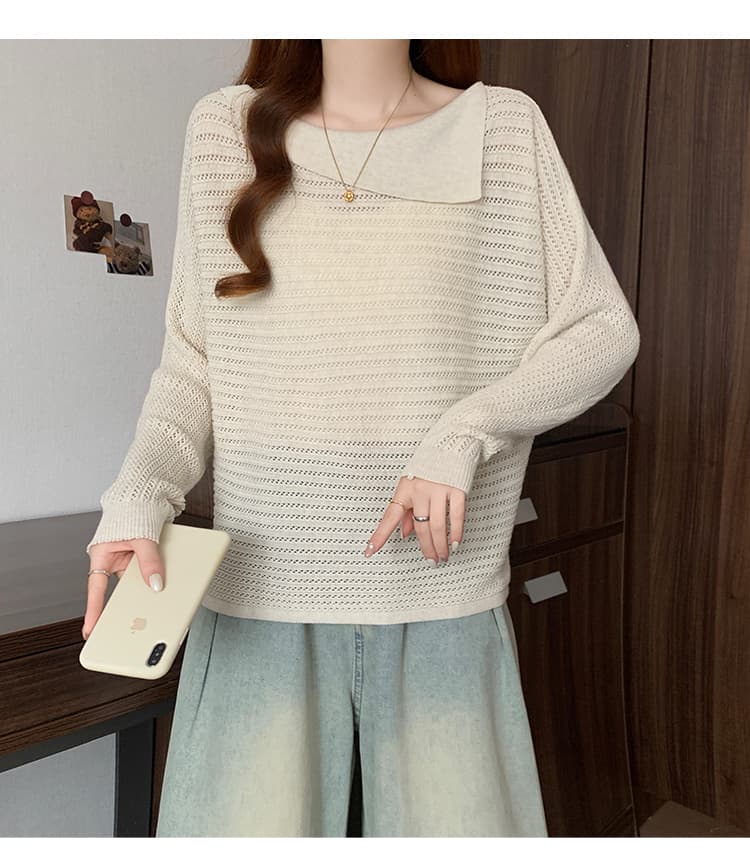 실사 빅 사이즈 여성 의류 가을 의상 새로운 지방 mm 한 부서 홀로우 아웃 불규칙 베이비 칼라 루즈핏 슬림해 보이는 니트 스웨터 상세 이미지 24