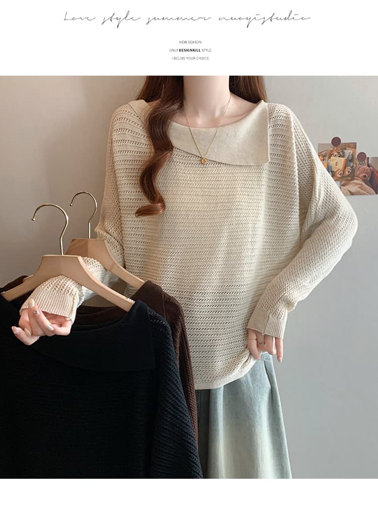 실사 빅 사이즈 여성 의류 가을 의상 새로운 지방 mm 한 부서 홀로우 아웃 불규칙 베이비 칼라 루즈핏 슬림해 보이는 니트 스웨터 상세 이미지 26