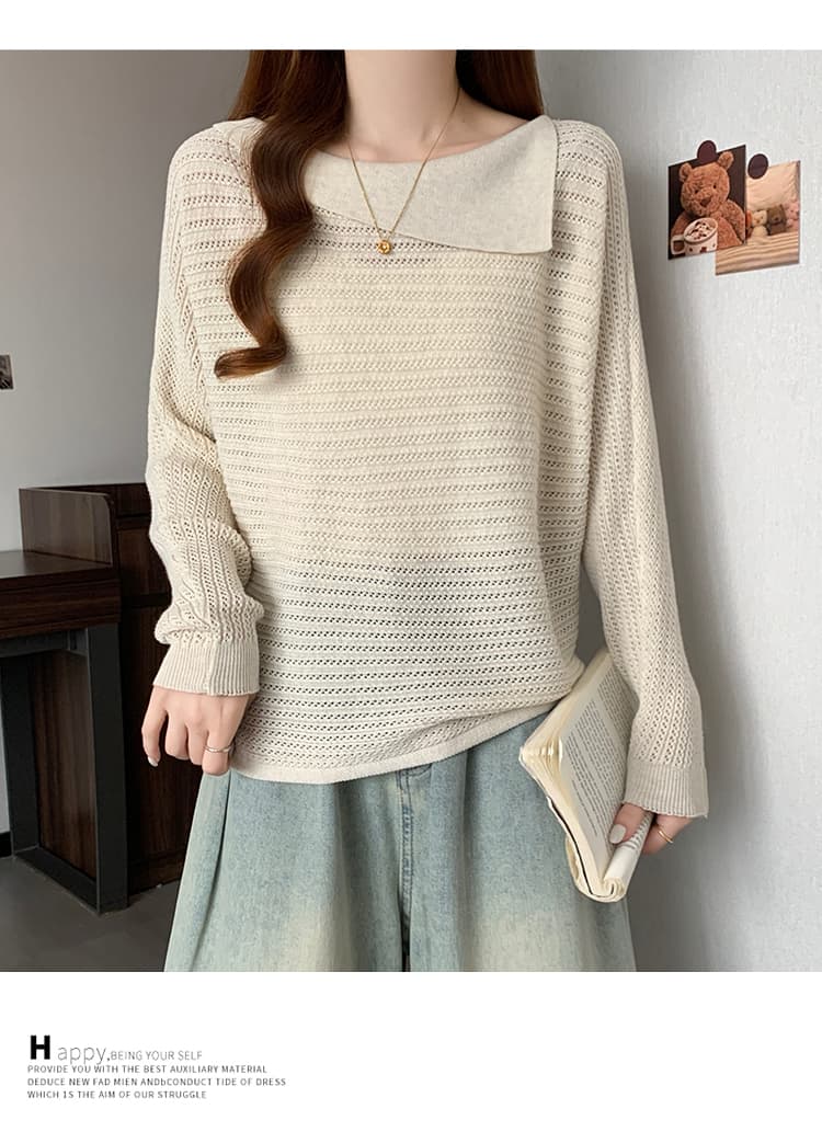 실사 빅 사이즈 여성 의류 가을 의상 새로운 지방 mm 한 부서 홀로우 아웃 불규칙 베이비 칼라 루즈핏 슬림해 보이는 니트 스웨터 상세 이미지 28