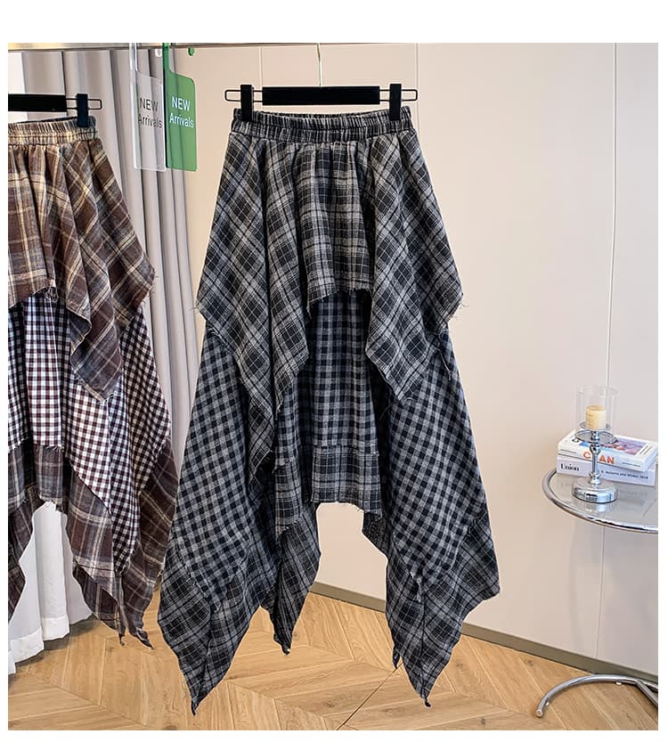 실사 빅 사이즈 여성 의류 가을 겨울 새로운 지방 mm 품격 레트로 불규칙 체크무늬 배색 패치워크 우산 치마 반신 스커트 상세 이미지 13