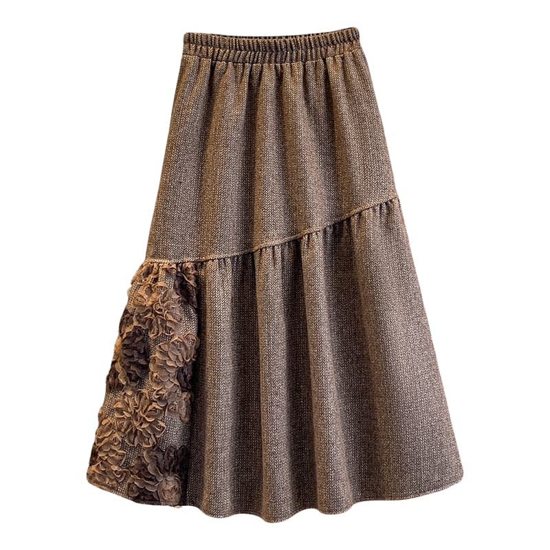 실사 빅 사이즈 여성 의류 가을 겨울 새로운 지방 mm 한 부서 레트로 3 차원 꽃 디자인 센스 하이웨이스트 슬림해 보이는 반신 스커트 이미지 5