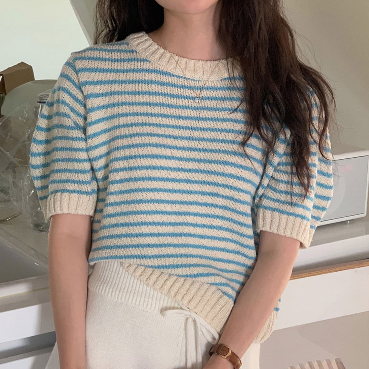 있음 선적 작은 청신 귀여운 학원 스타일 스트라이프 배색 니트 스웨터 맨위 이미지 4