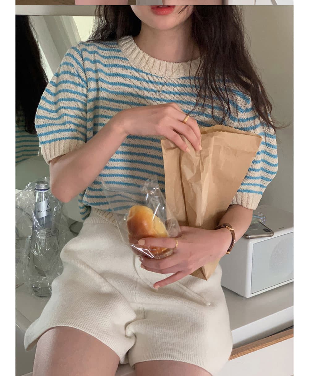 있음 선적 작은 청신 귀여운 학원 스타일 스트라이프 배색 니트 스웨터 맨위 상세 이미지 9