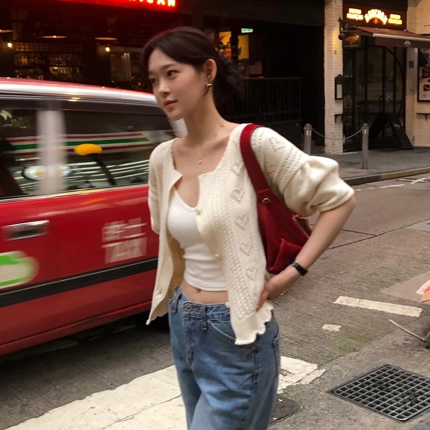 있음 선적 귀여운 하트 홀로우 아웃 거품 소매 레이스 싱글 줄 버튼 반팔 니트 오픈 가디건 맨위 이미지 5