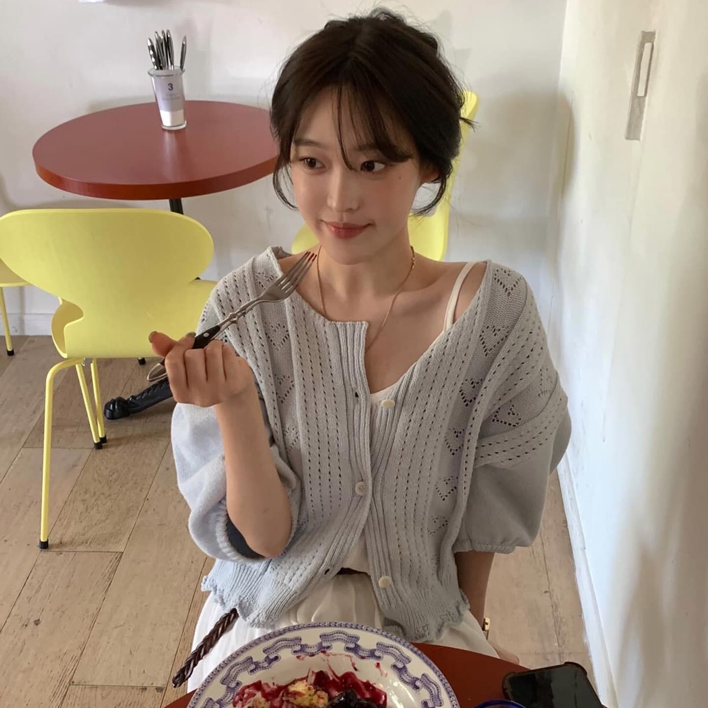 있음 선적 귀여운 하트 홀로우 아웃 거품 소매 레이스 싱글 줄 버튼 반팔 니트 오픈 가디건 맨위 이미지 4