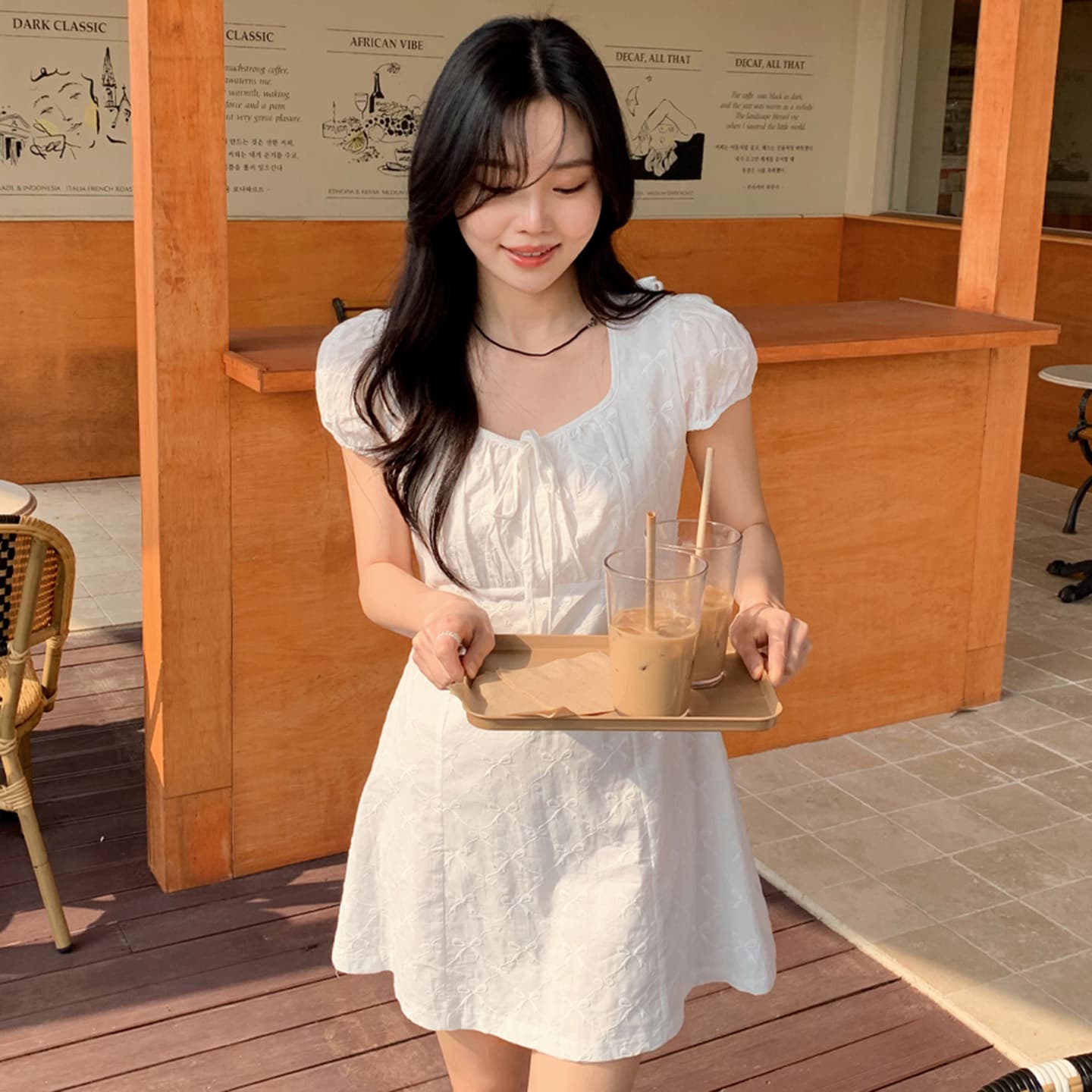 있음 선적 나비 매듭 귀여운 자수 레이스업 드레스 미니 스커트 이미지 4