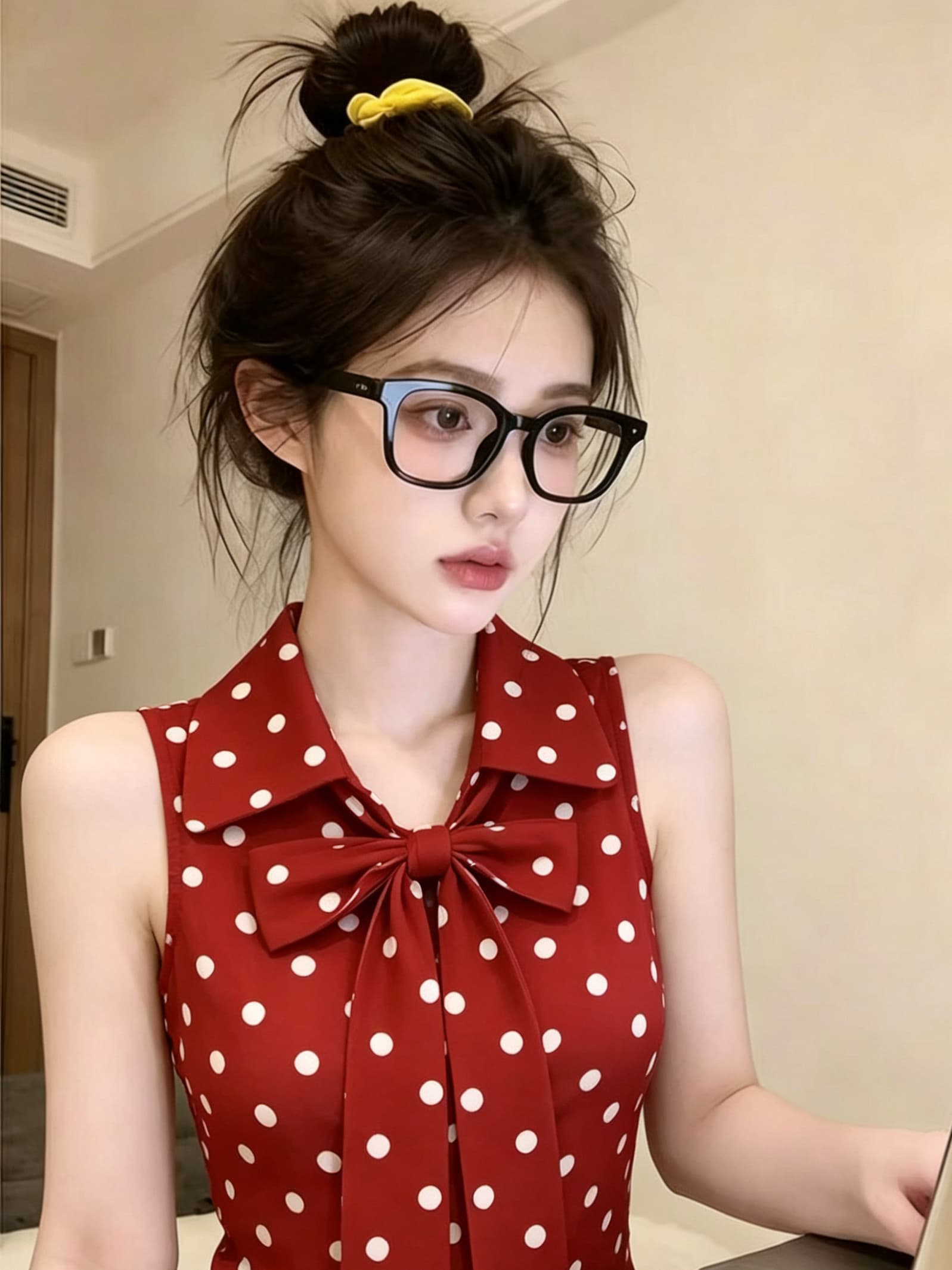 레트로 연인 빨간색 도트 무늬 민소매 여성 셔츠 여름 새로운 나비 매듭 스트랩 패션 출퇴근 연령 감소 맨위 이미지 2