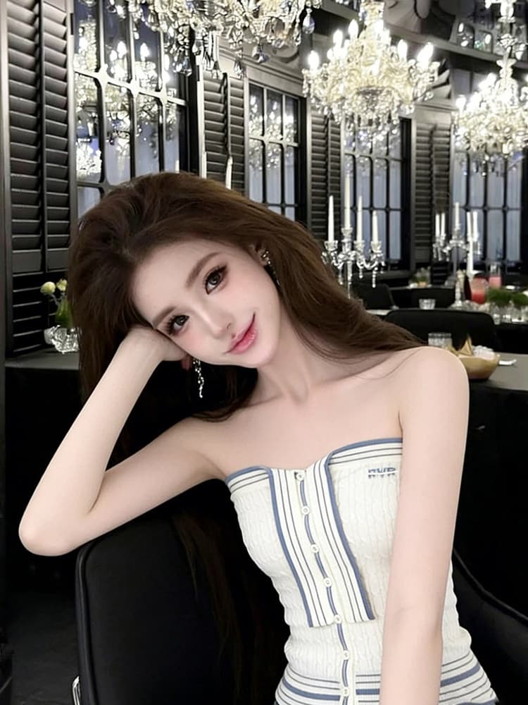 여름 달콤한 매운맛 스트라이프 패치워크 색상 싱글 줄 버튼 니트 튜브탑 캐미솔 몸매 가꾸기 슬림해 보이는 Chic 다용도 맨위 상세 이미지 6
