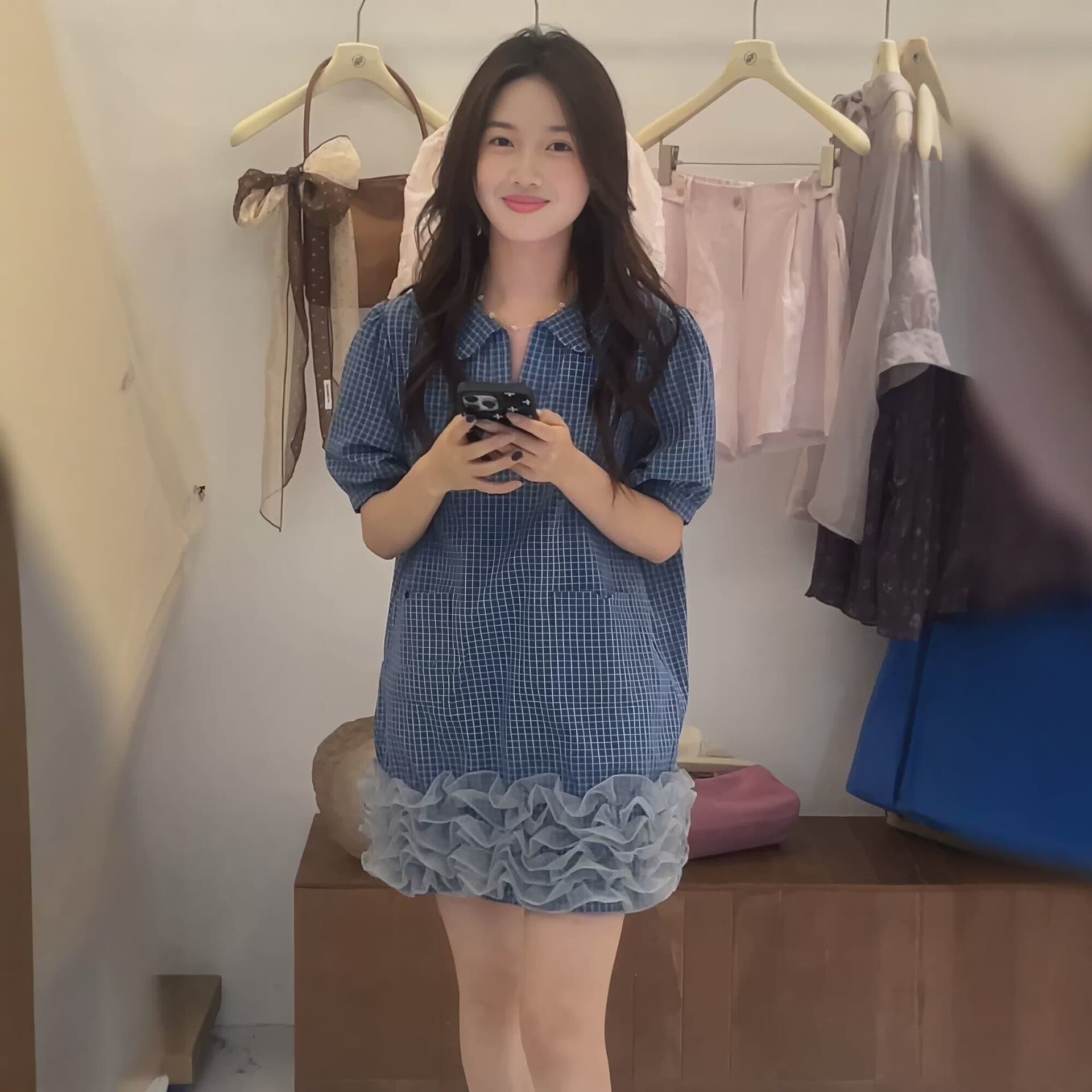 한 부서 레트로 파란색 체크무늬 반팔 여성 드레스 여름 디자인 센스 망사 레이스 패치워크 작은 키 미니 스커트 이미지 4