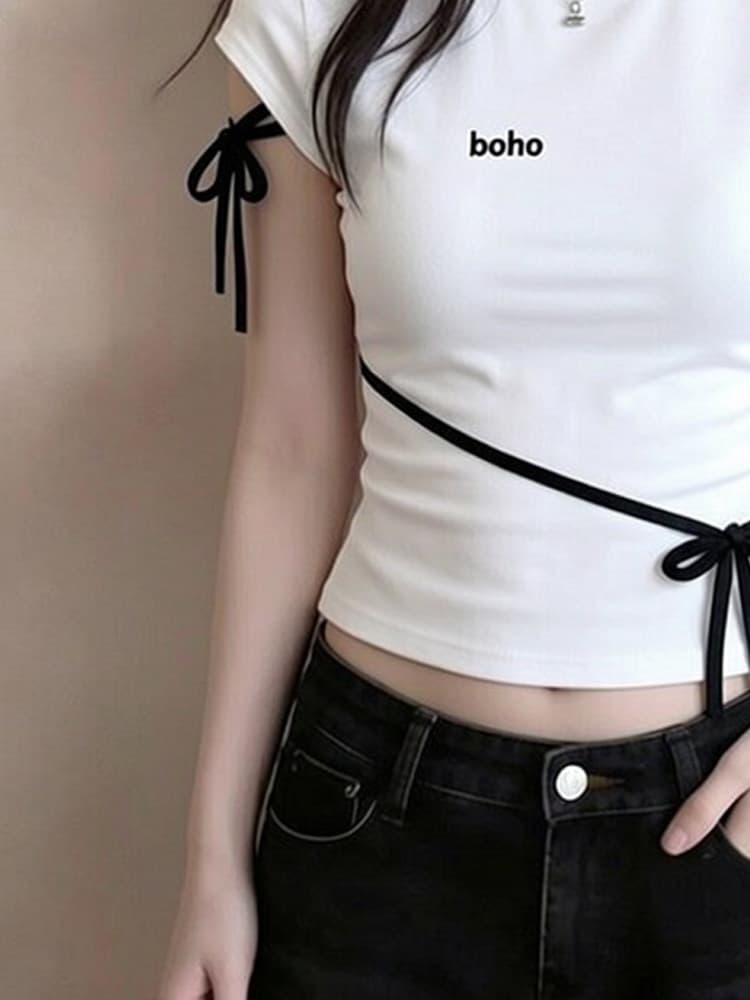 고유 한 자이언트 잘 생긴 화이트 반팔 티셔츠 여성 여름 디자인 센스 작은 대중 나비 넥타이 몸매 가꾸기 쇼트 스타일 맨위 상세 이미지 6