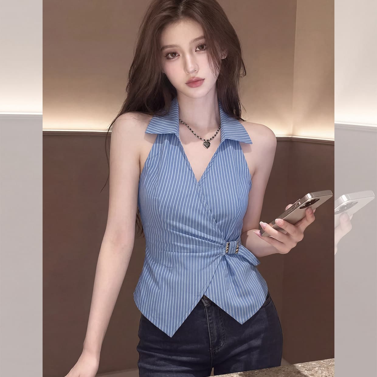 초여름 고유 한 Chic 슈퍼 잘 생긴 맨위 빛 럭셔리 고급 센스 작은 대중 아니요 명중 섹션 외국 가스 연령 감소 파란색 여성 셔츠 상세 이미지 3