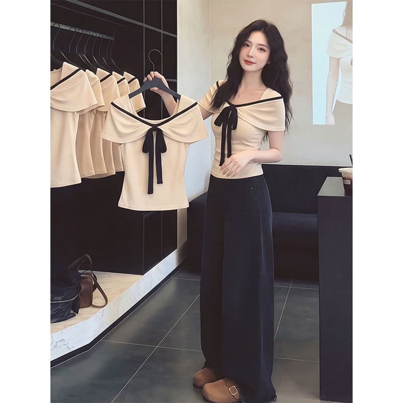 프랑스식 품격 레트로 배색 광장 칼라 반팔 티셔츠 여성 여름 디자인 센스 작은 대중 레이스업 몸매 가꾸기 슬림해 보이는 맨위 이미지 6