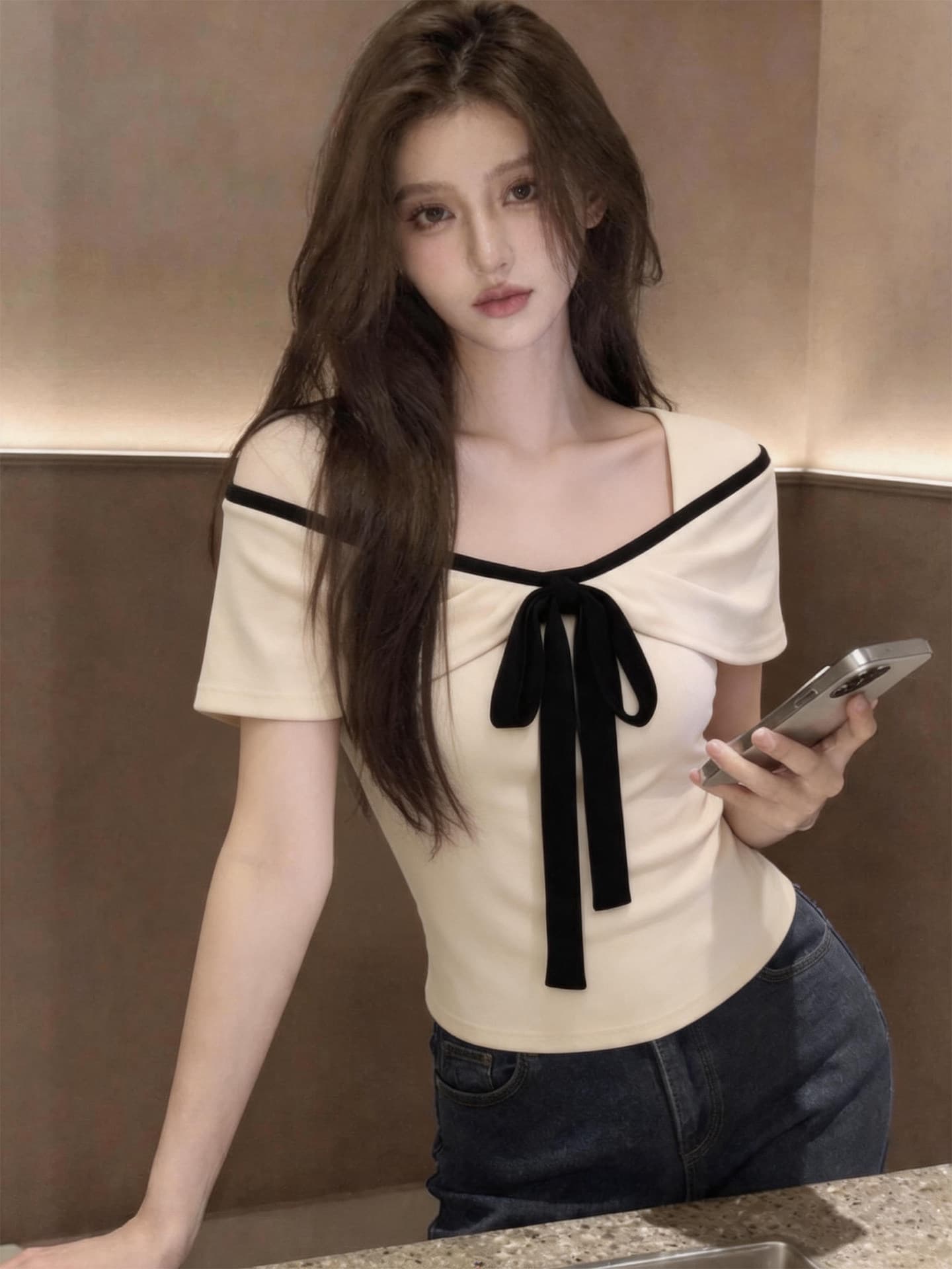 프랑스식 품격 나비 넥타이 살구 색상 티셔츠 여름 아름다운 디자인 센스 슬림해 보이는 몸매 가꾸기 여성 반팔 맨위 상세 이미지 6