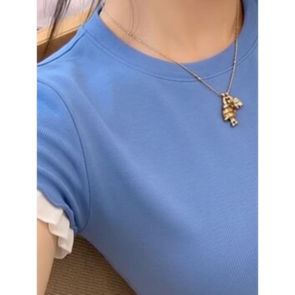 여름 고유 한 Chic 배색 프릴 패치워크 페이크 레이어드 반팔 티셔츠 여성 자이언트 잘 생긴 몸매 가꾸기 슬림해 보이는 맨위 이미지 4