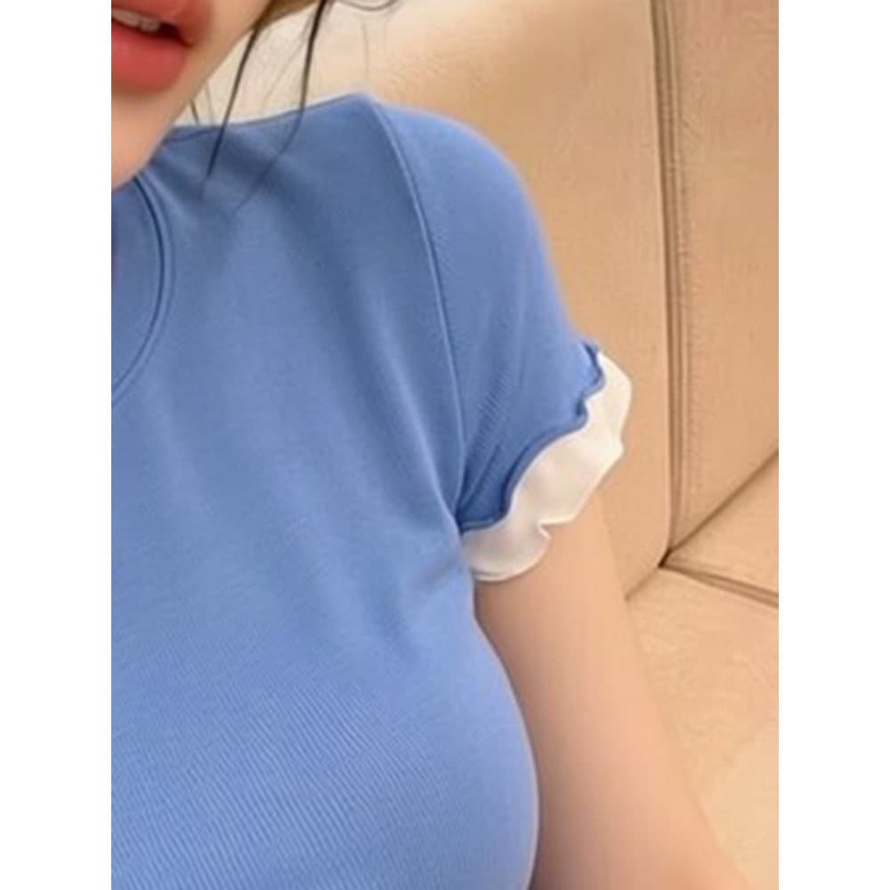 여름 고유 한 Chic 배색 프릴 패치워크 페이크 레이어드 반팔 티셔츠 여성 자이언트 잘 생긴 몸매 가꾸기 슬림해 보이는 맨위 상세 이미지 5