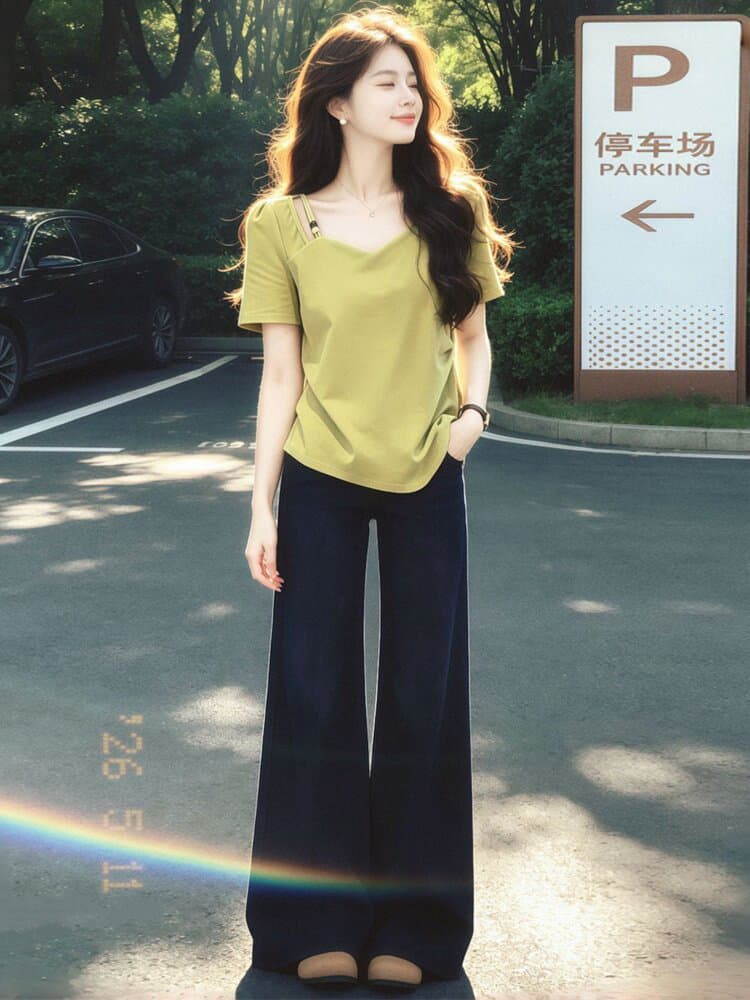여름 신선함 미니멀리즘 패션 녹색 불규칙 반팔 티셔츠 여성 도파민 착용 가져 가라. 핫걸 그레이트 봐. 의류 상세 이미지 3