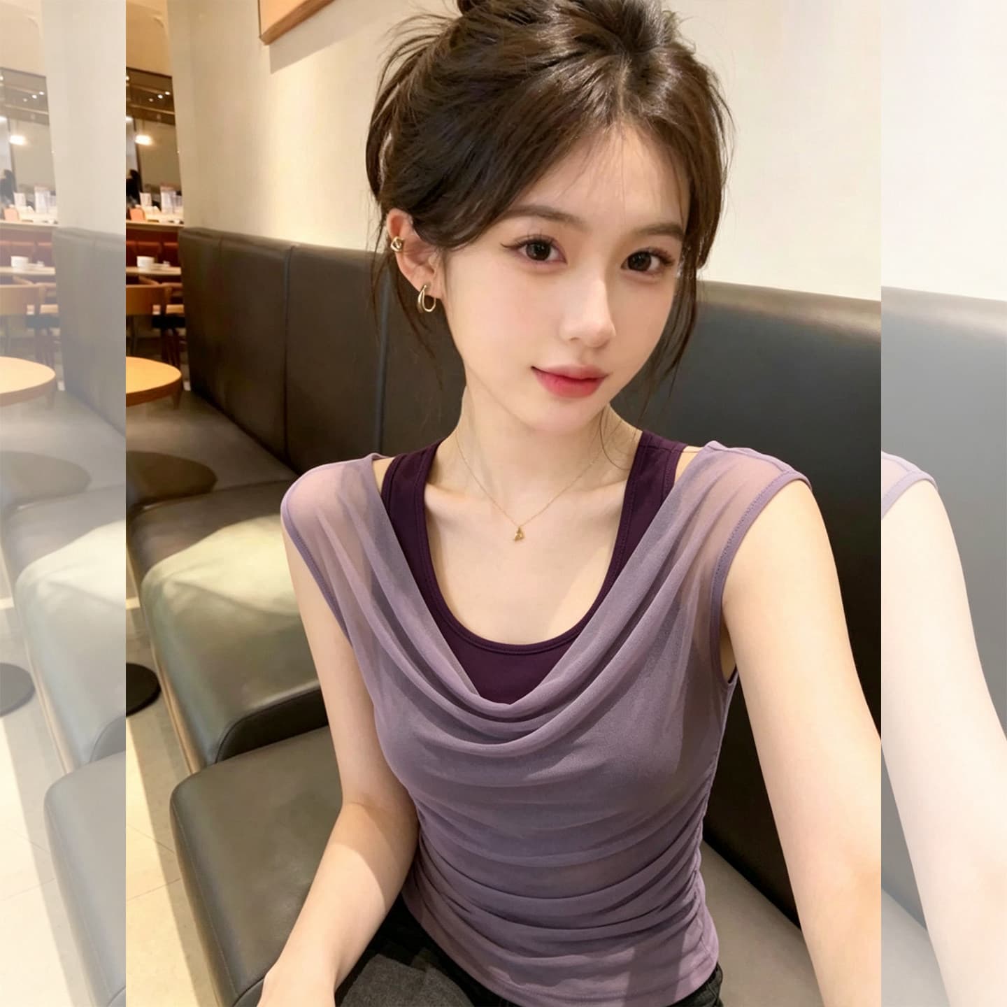 불규칙 흔들다 칼라 민소매 티셔츠 여성 여름 외출용 얇은 스타일 허리 수축 슬림해 보이는 보라색 페이크 레이어드 조끼 품격 맨위 이미지 5