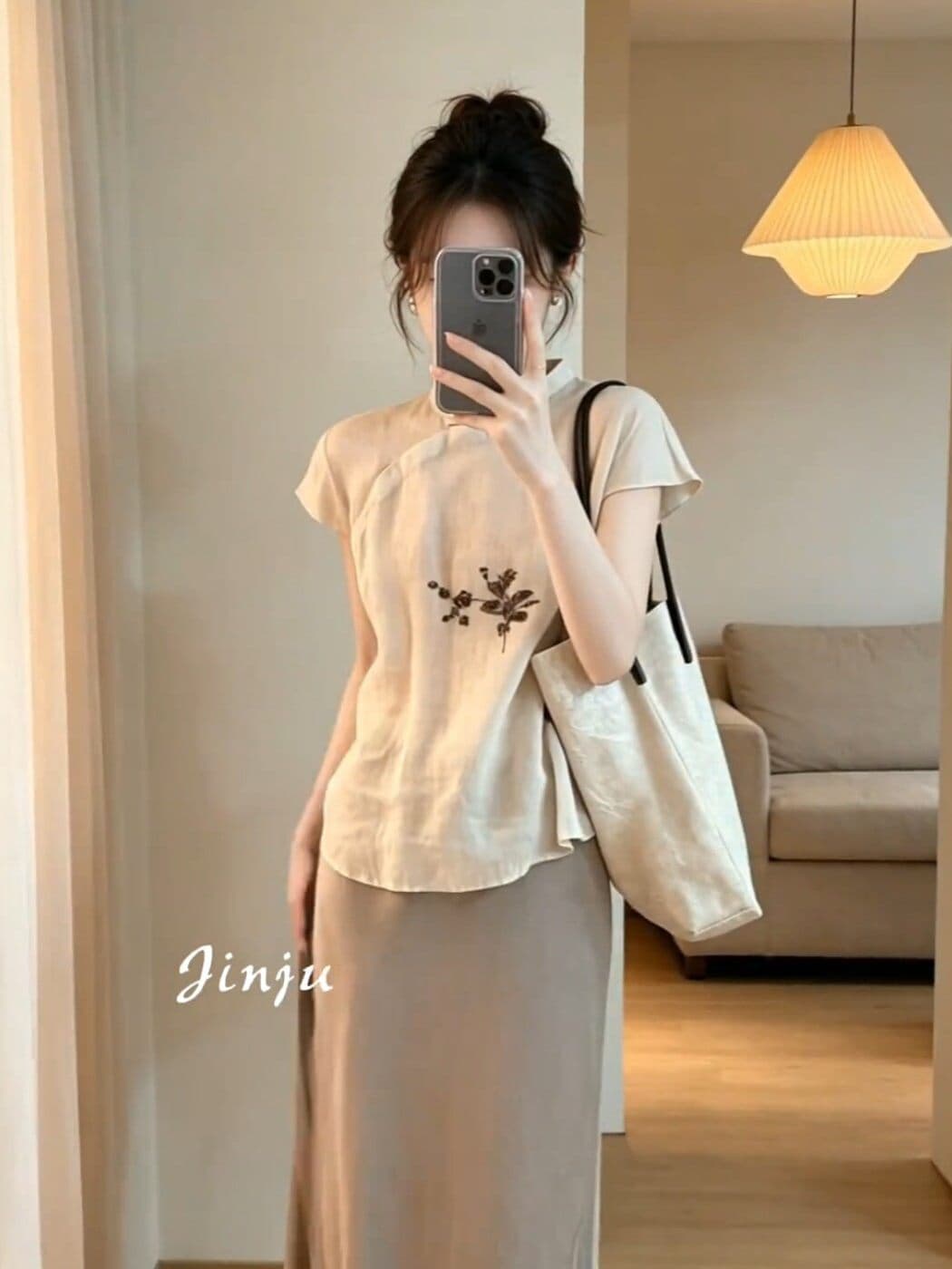 부드러운 바람 새로운 중식 비스듬한 襟 스탠드 칼라 반팔 셔츠 여성 의류 여름 그레이트 보지 마 명중 섹션 품격 작은 셔츠 맨위 이미지 3