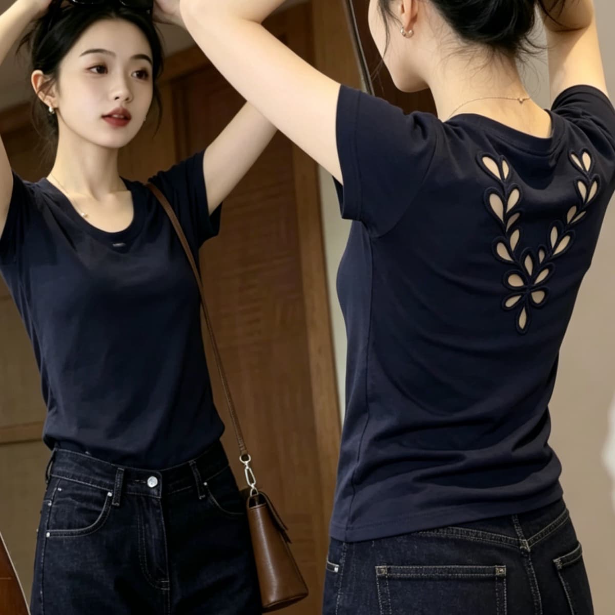보존 섹션 추천 해군 뒤로 홀로우 아웃 자수 반팔 티셔츠 여성 여름 섹션 패션 외국 가스 슬림해 보이는 맨위 이미지 3