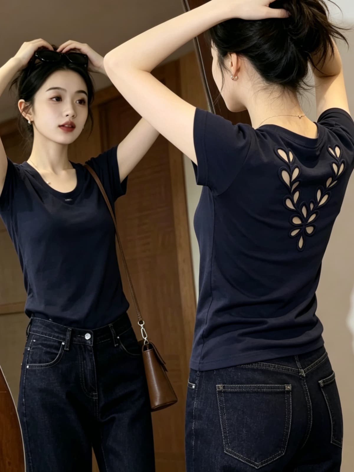 보존 섹션 추천 해군 뒤로 홀로우 아웃 자수 반팔 티셔츠 여성 여름 섹션 패션 외국 가스 슬림해 보이는 맨위 상세 이미지 3