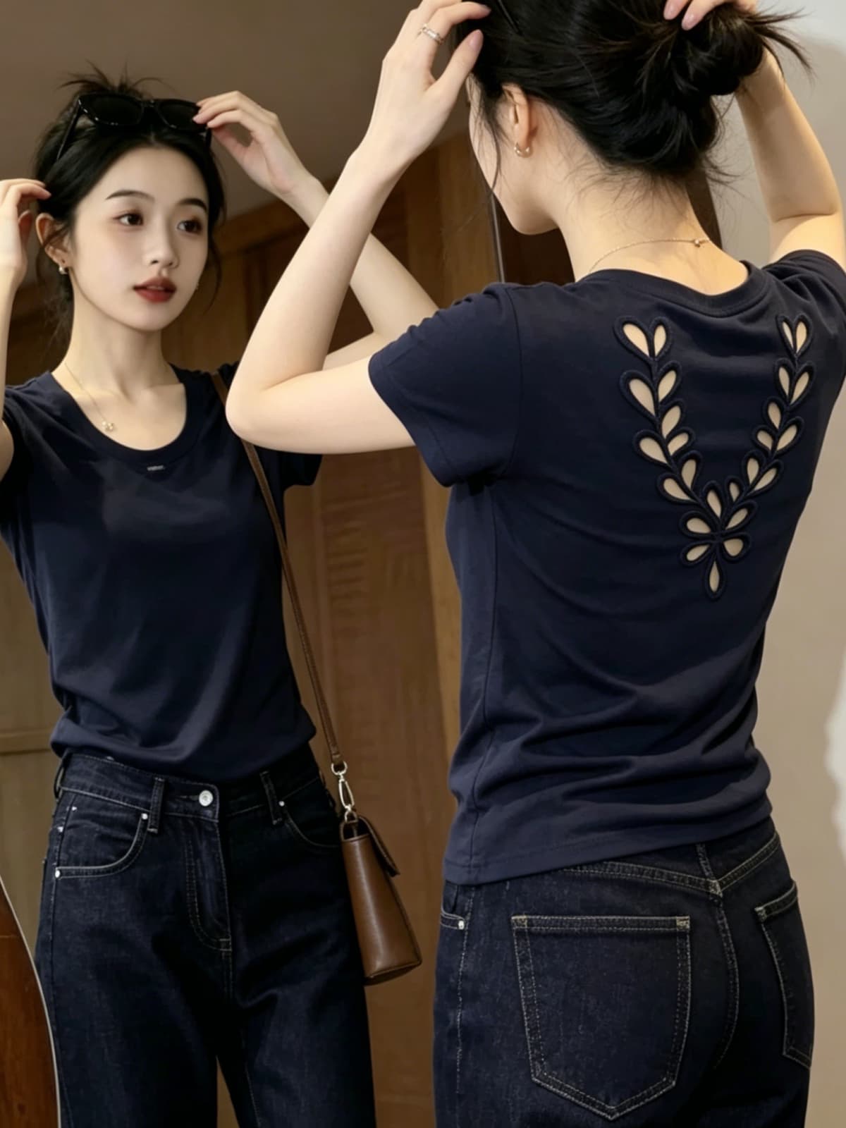 보존 섹션 추천 해군 뒤로 홀로우 아웃 자수 반팔 티셔츠 여성 여름 섹션 패션 외국 가스 슬림해 보이는 맨위 상세 이미지 6