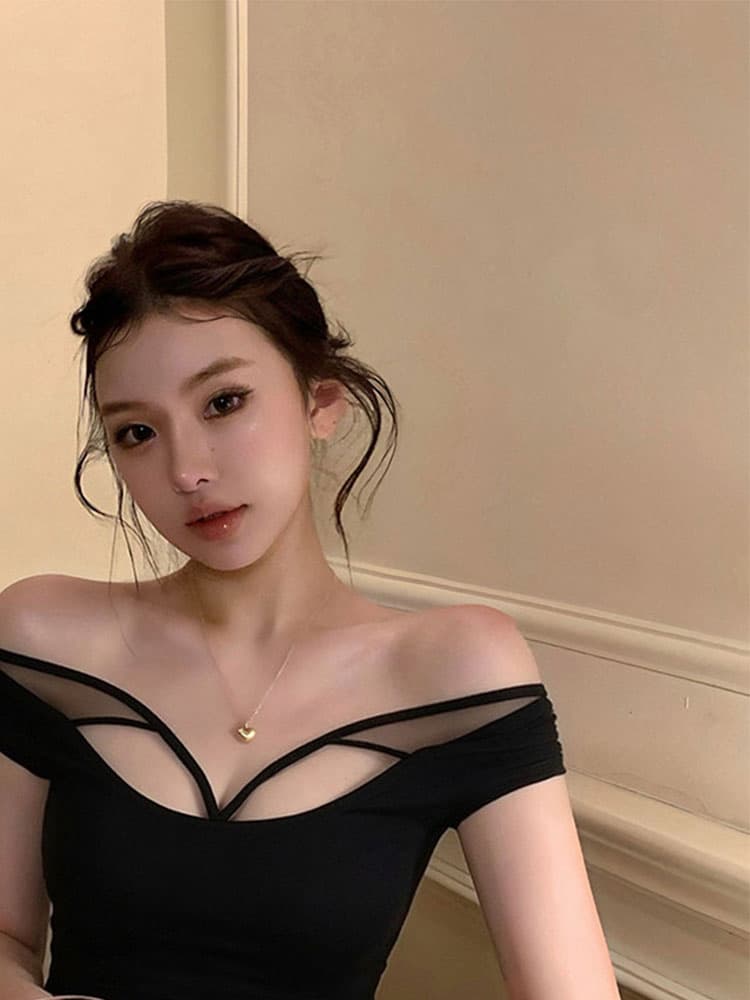 섹시함 바람 핫걸 홀로우 아웃 오프숄더 검정색 반팔 티셔츠 여성 여름 몸매 가꾸기 슬림해 보이는 Chic 고급 센스 맨위 상세 이미지 4
