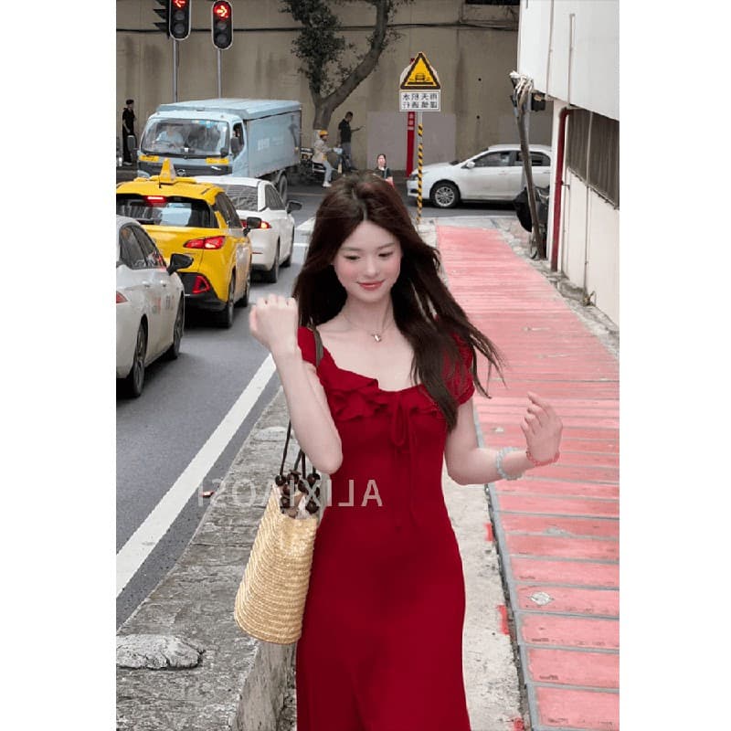 프랑스식 레트로 고급 센스 와인 레드 슬립 여성 드레스 여름 새로운 품격 허리 수축 슬림해 보이는 타이트 스커트 길다 치마 상세 이미지 2