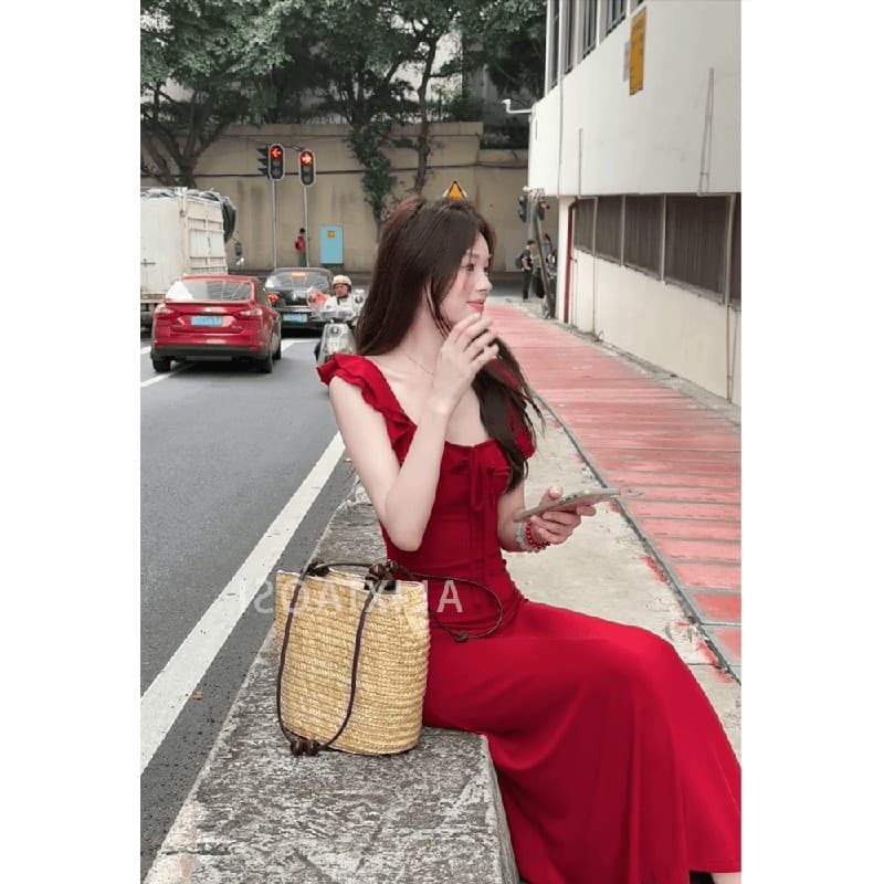 프랑스식 레트로 고급 센스 와인 레드 슬립 여성 드레스 여름 새로운 품격 허리 수축 슬림해 보이는 타이트 스커트 길다 치마 상세 이미지 6