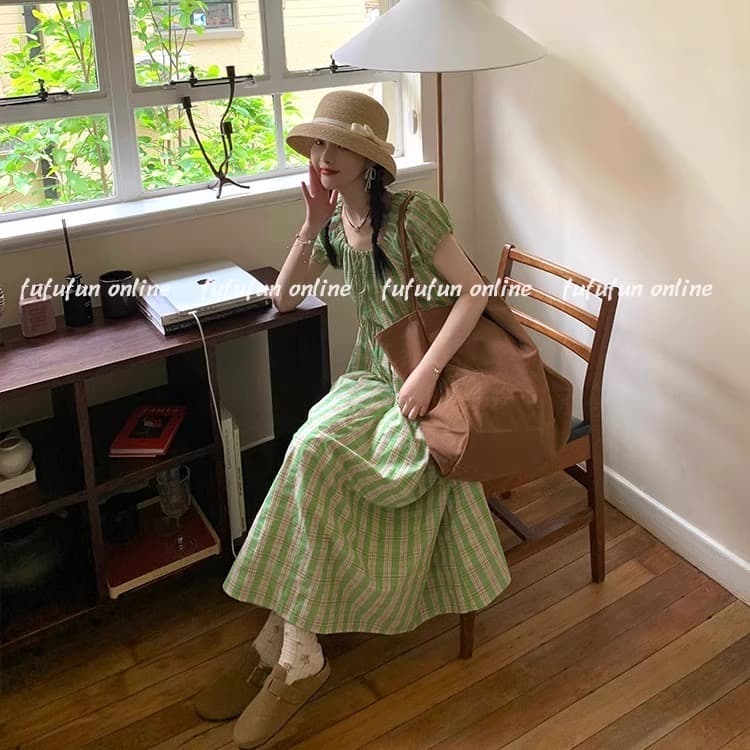 무거운 작업 꿀 멜론 녹색 일본식 체크무늬 수 있습니다. 펌프 로프 레이스업 드레스 이미지 2