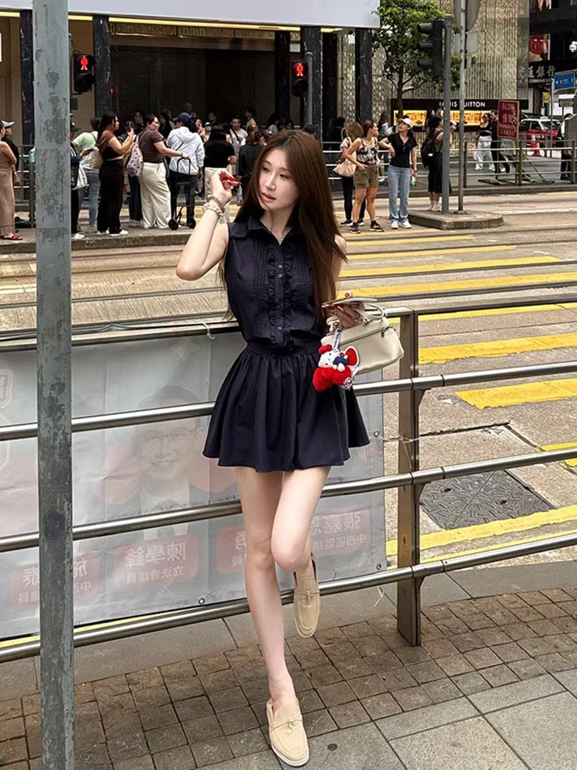 2026 새로운 오래된 돈 바람 슬림해 보이는 디스플레이 화이트 해군 민소매 드레스 뒤에 허리 수축 레이스업 핫걸 미니 스커트 상세 이미지 7
