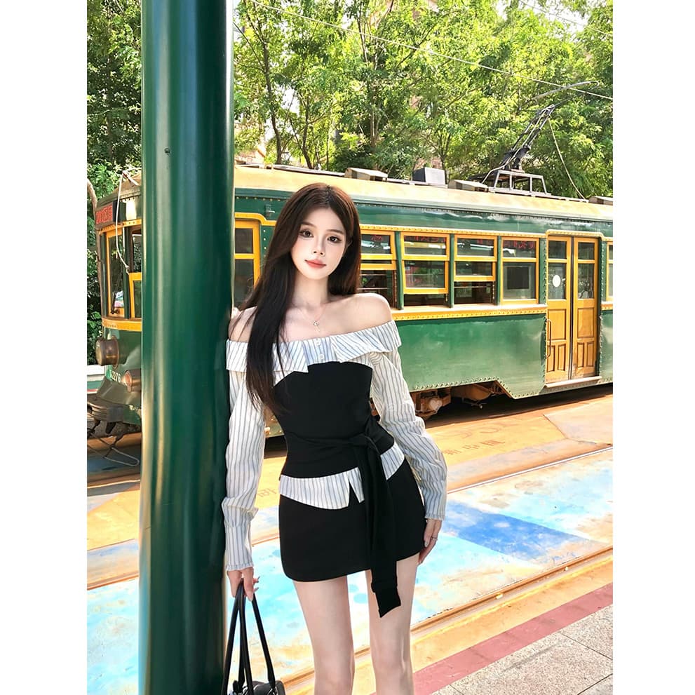 스트랩 패치워크 오프숄더 긴팔 여성 셔츠 배색 스트라이프 디자인 오프숄더 맨위 이미지 2