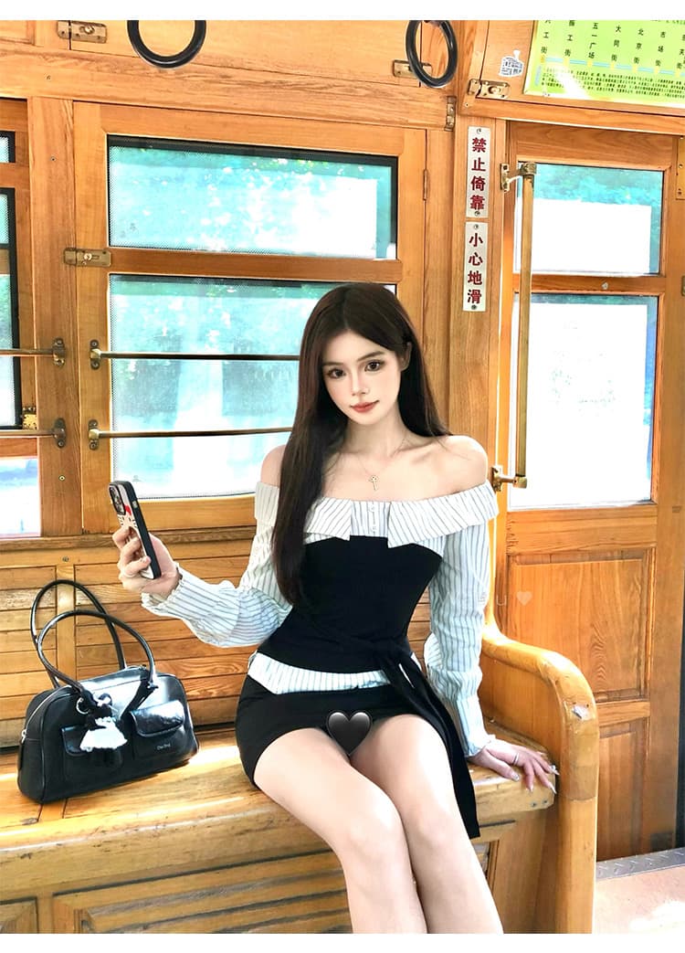 스트랩 패치워크 오프숄더 긴팔 여성 셔츠 배색 스트라이프 디자인 오프숄더 맨위 상세 이미지 2