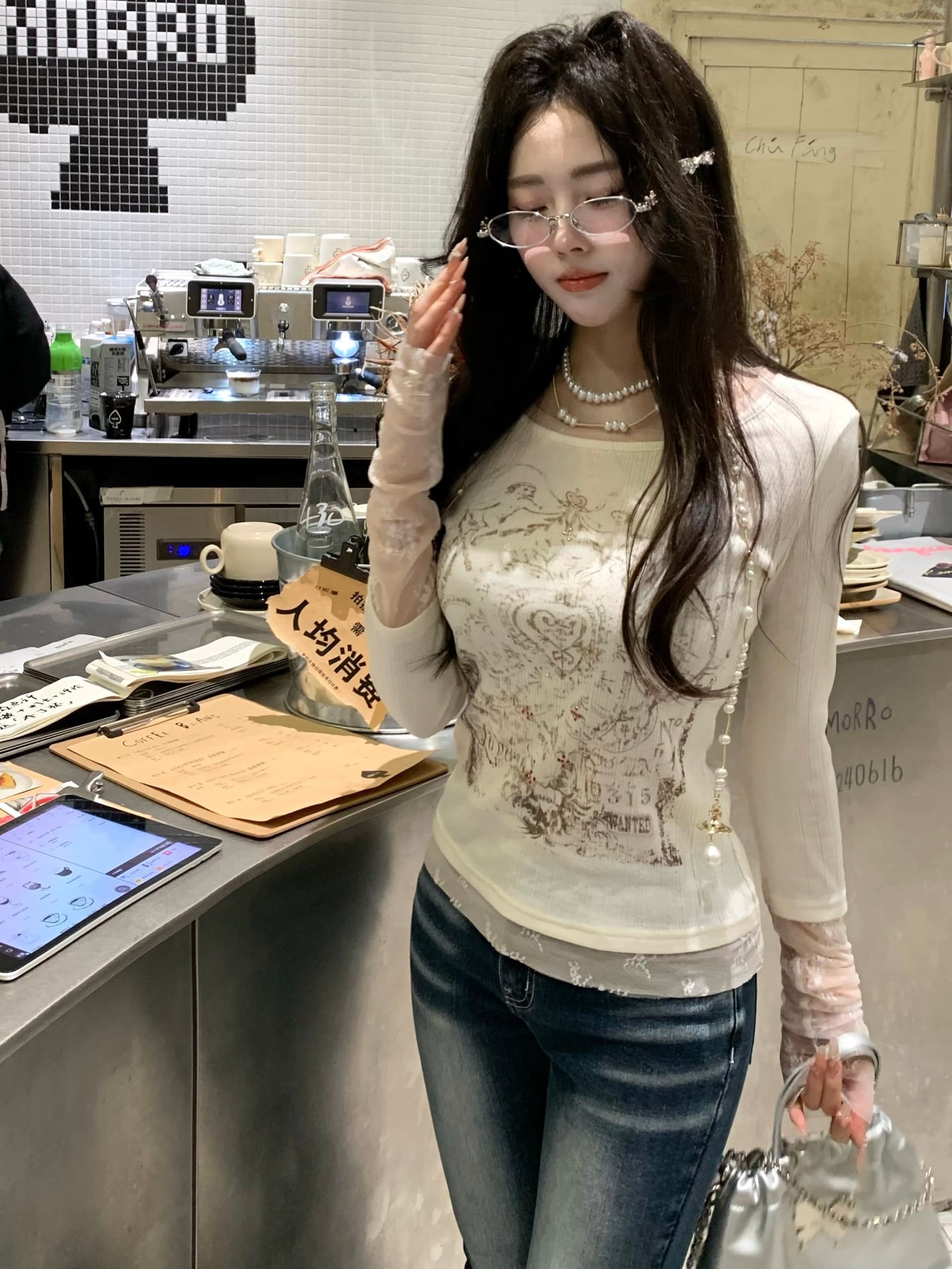 대나무 마디 면 사랑 콩 같은 단락 한 부서 페이크 레이어드 핫픽스 프린트 긴팔 티셔츠 만나는 이미지 2