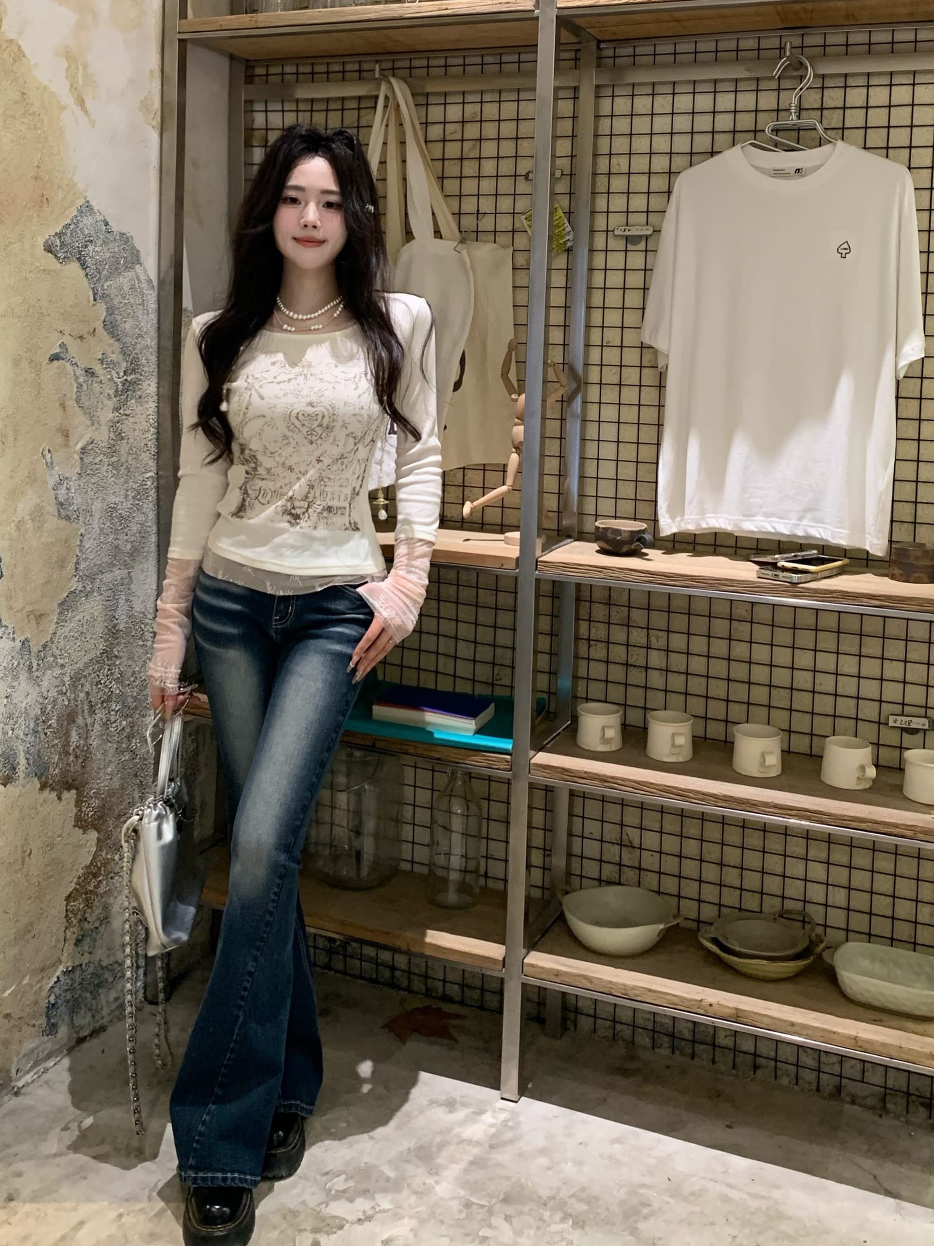 대나무 마디 면 사랑 콩 같은 단락 한 부서 페이크 레이어드 핫픽스 프린트 긴팔 티셔츠 만나는 이미지 4