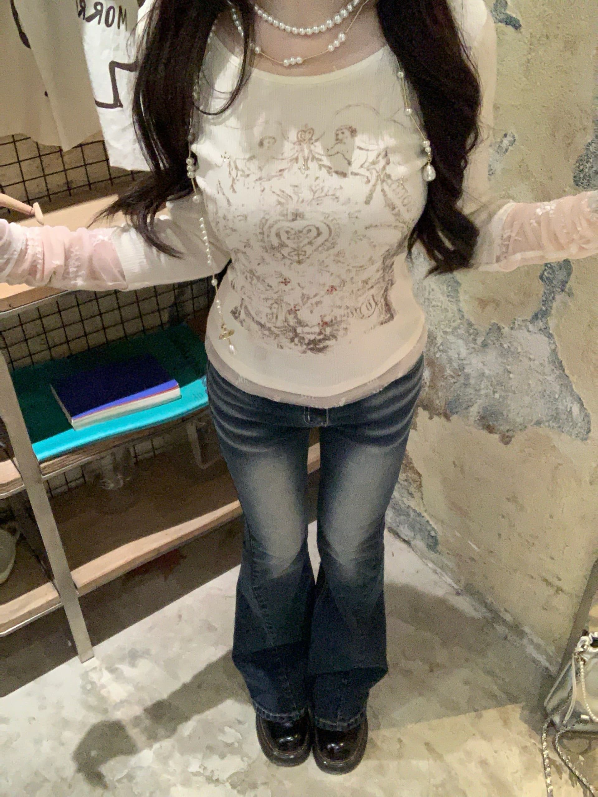 대나무 마디 면 사랑 콩 같은 단락 한 부서 페이크 레이어드 핫픽스 프린트 긴팔 티셔츠 만나는 상세 이미지 13