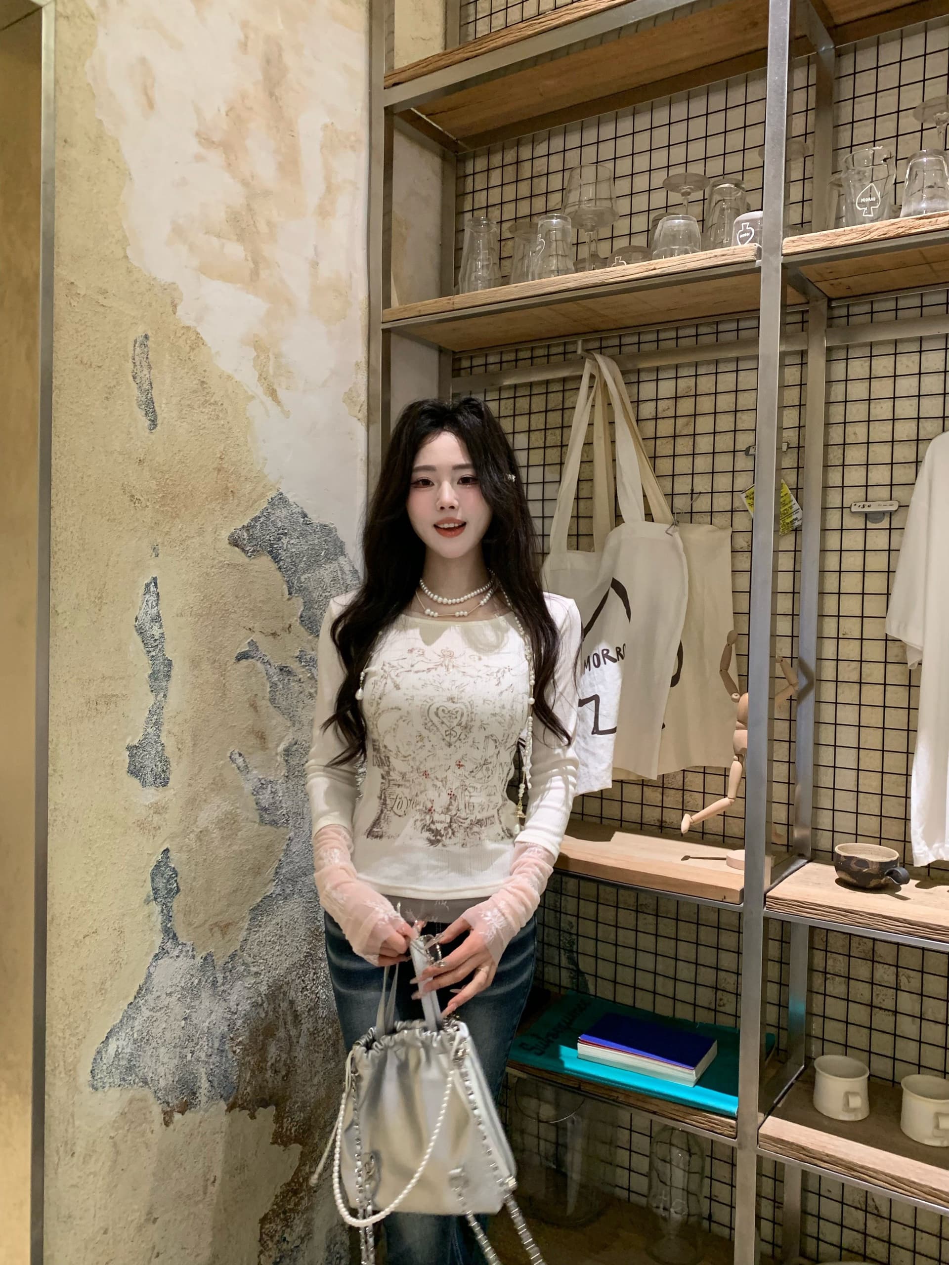 대나무 마디 면 사랑 콩 같은 단락 한 부서 페이크 레이어드 핫픽스 프린트 긴팔 티셔츠 만나는 상세 이미지 16