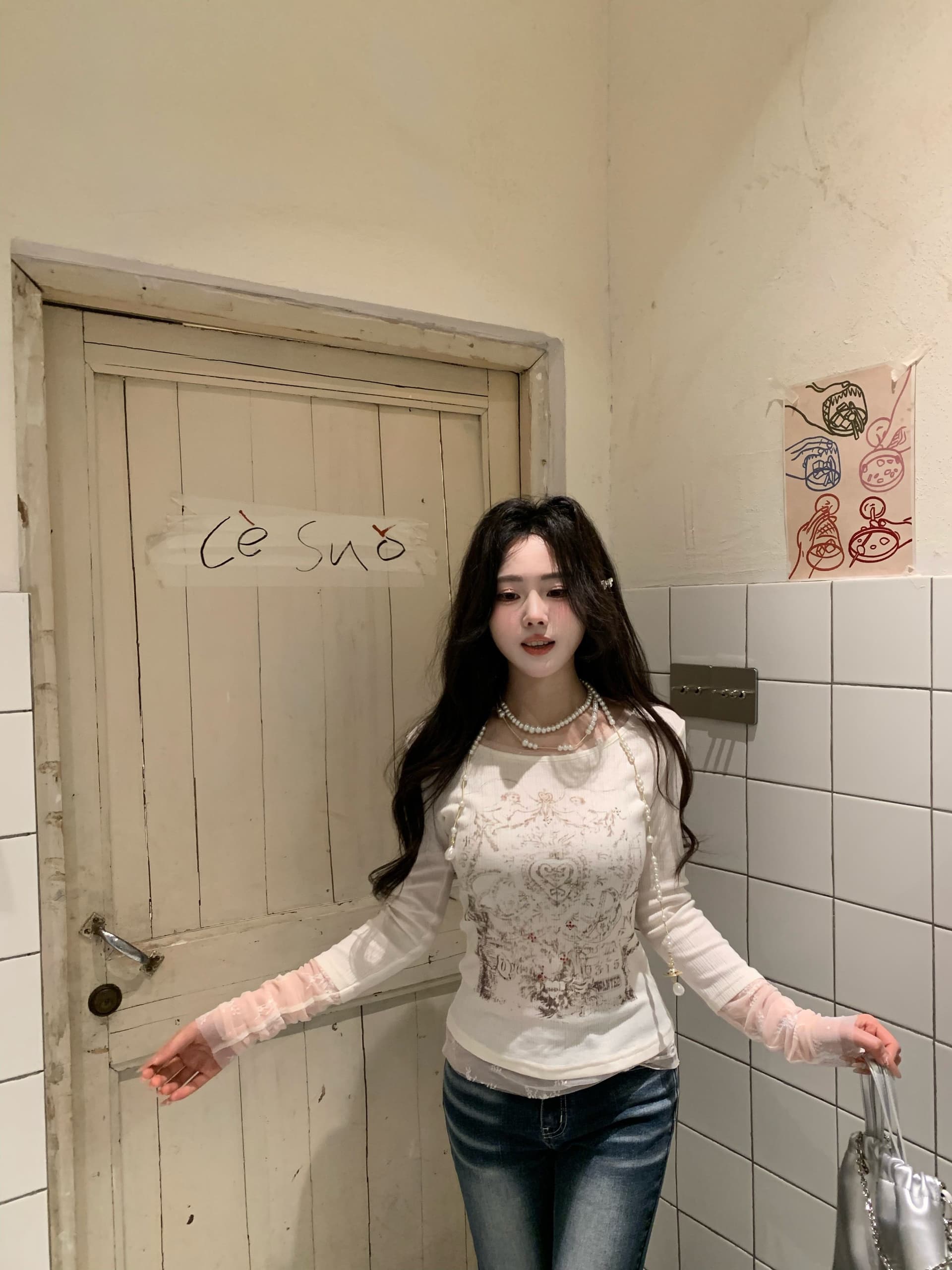 대나무 마디 면 사랑 콩 같은 단락 한 부서 페이크 레이어드 핫픽스 프린트 긴팔 티셔츠 만나는 상세 이미지 19