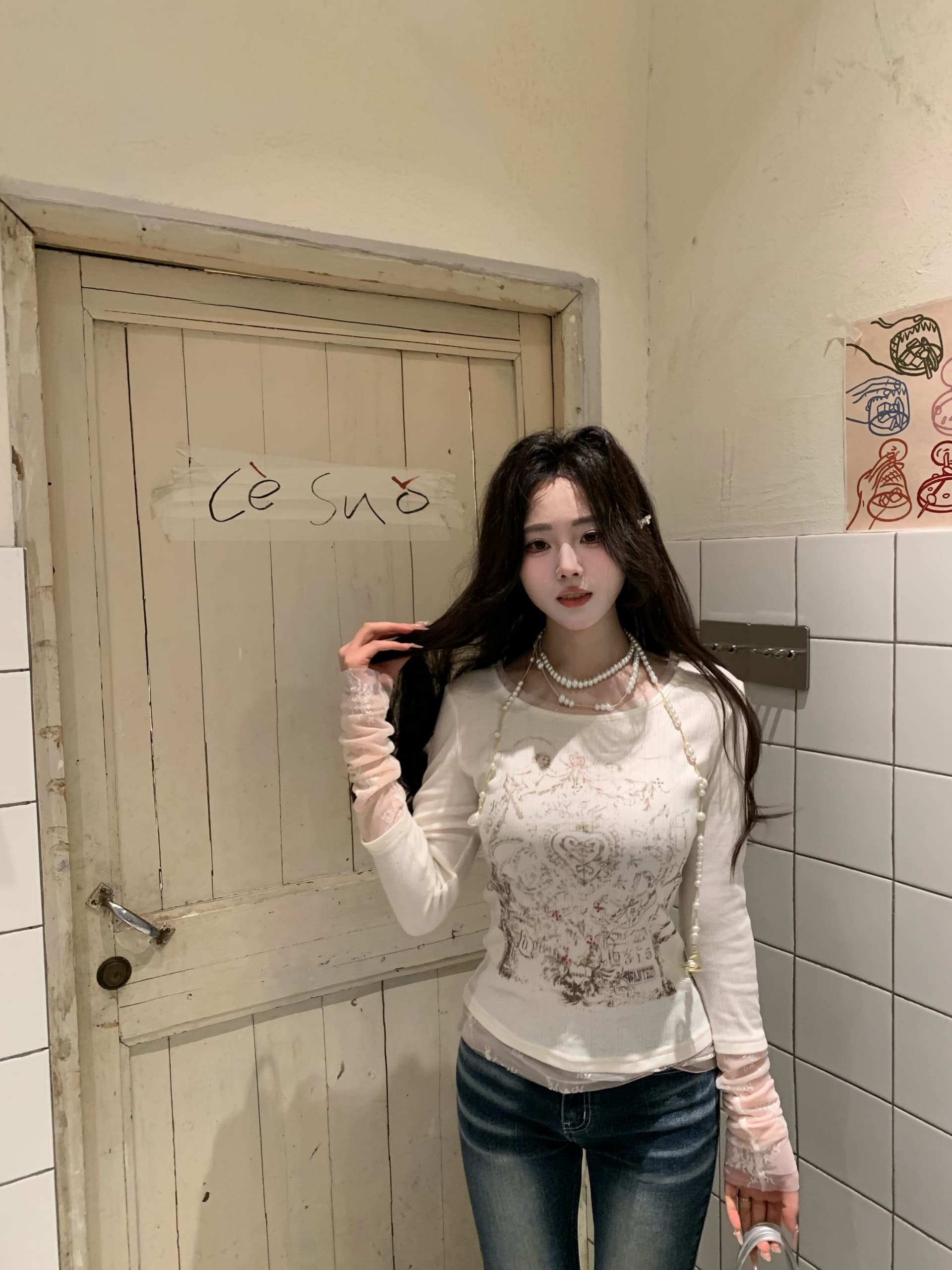 대나무 마디 면 사랑 콩 같은 단락 한 부서 페이크 레이어드 핫픽스 프린트 긴팔 티셔츠 만나는 상세 이미지 20