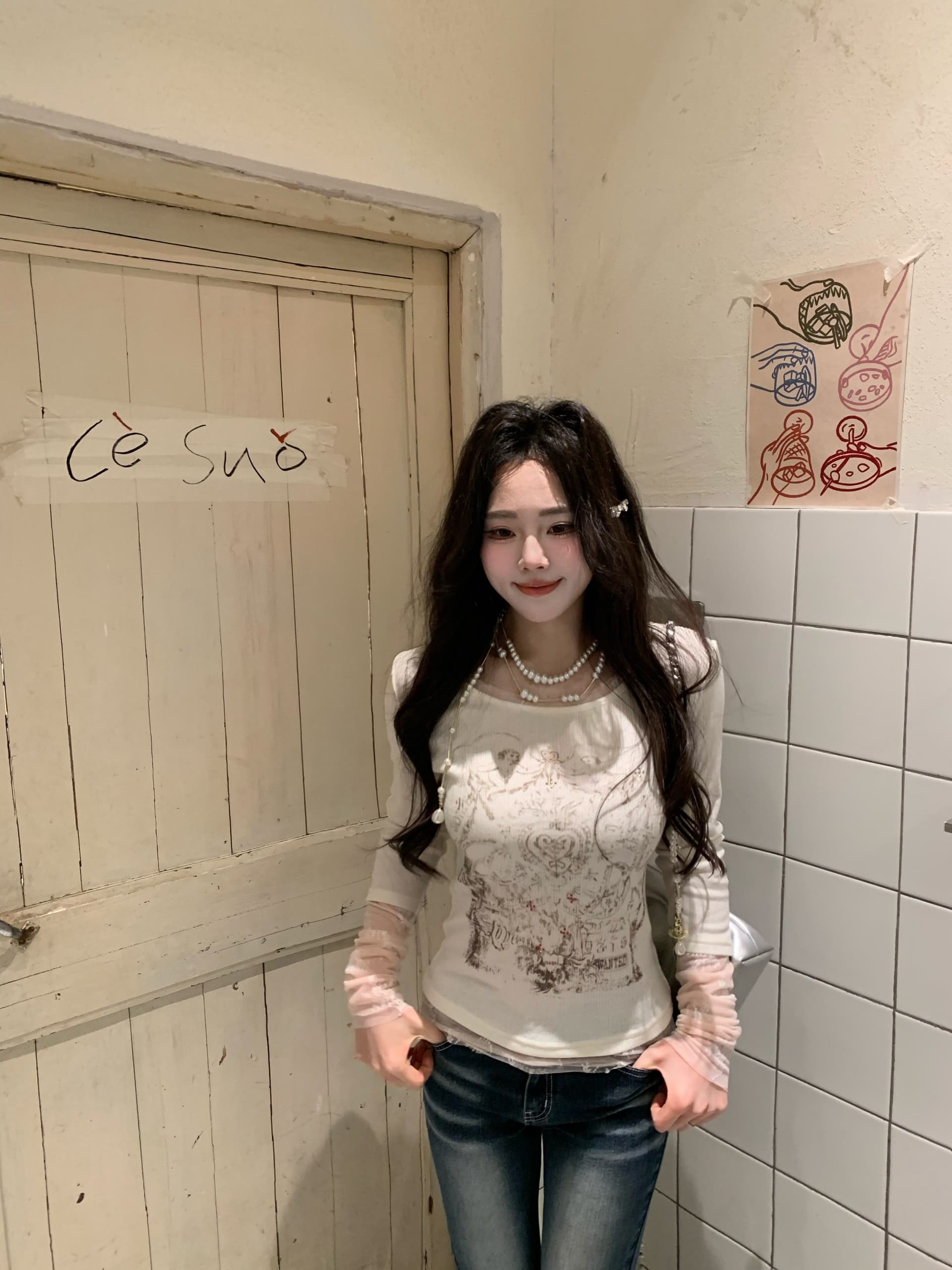 대나무 마디 면 사랑 콩 같은 단락 한 부서 페이크 레이어드 핫픽스 프린트 긴팔 티셔츠 만나는 상세 이미지 21