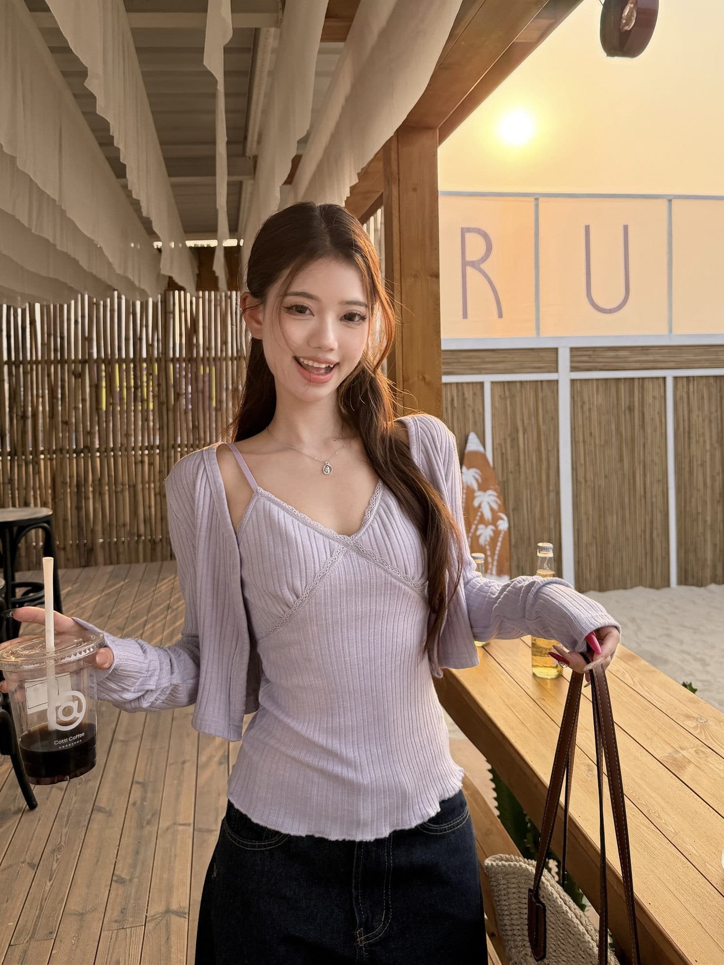 원본 원단 핫걸 세트 보라색 니트 오픈 가디건 여성 코트 봄 인사이드 가져 가라. 레이스 캐미솔 투피스 세트