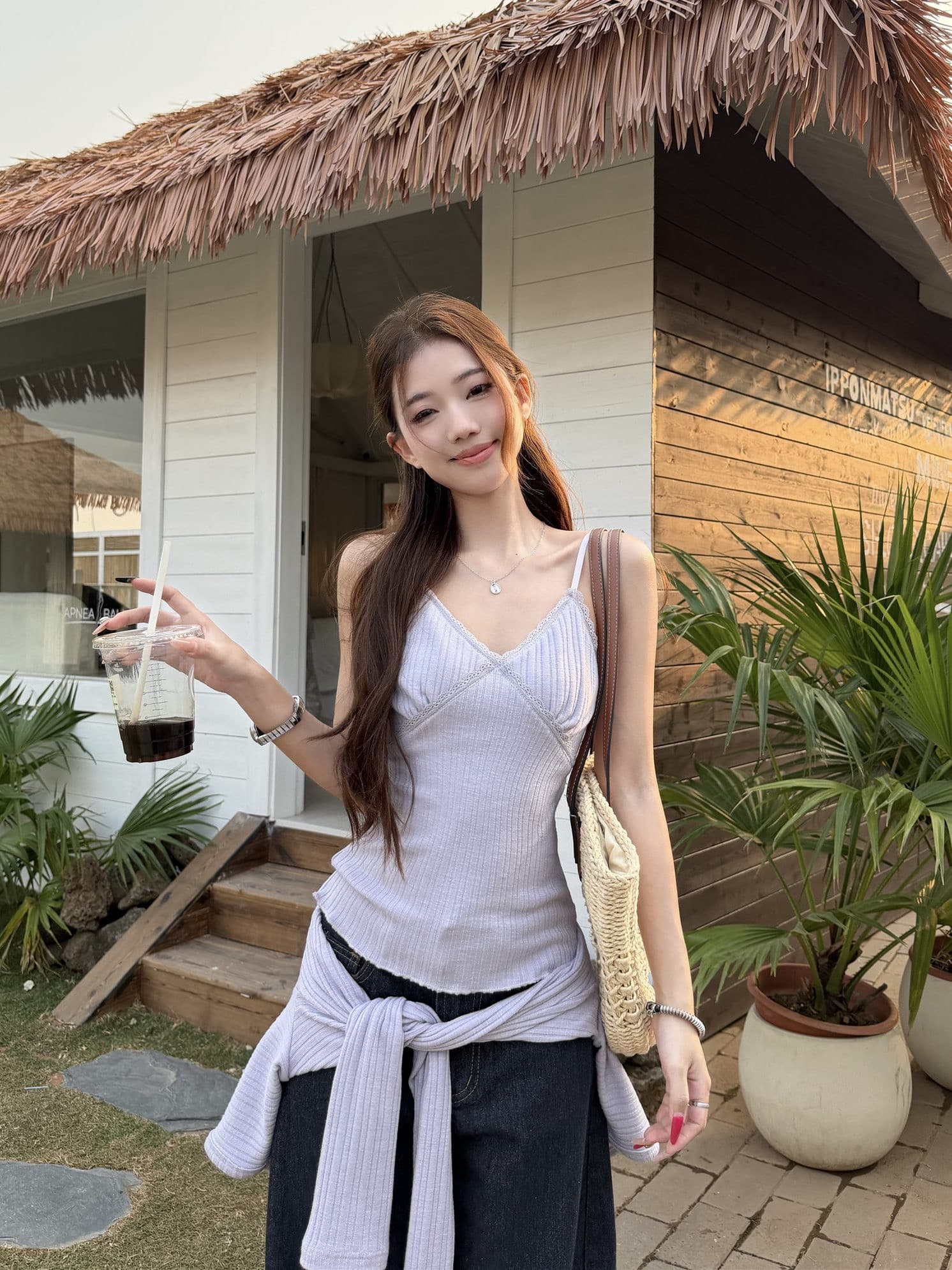 원본 원단 핫걸 세트 보라색 니트 오픈 가디건 여성 코트 봄 인사이드 가져 가라. 레이스 캐미솔 투피스 세트 이미지 2