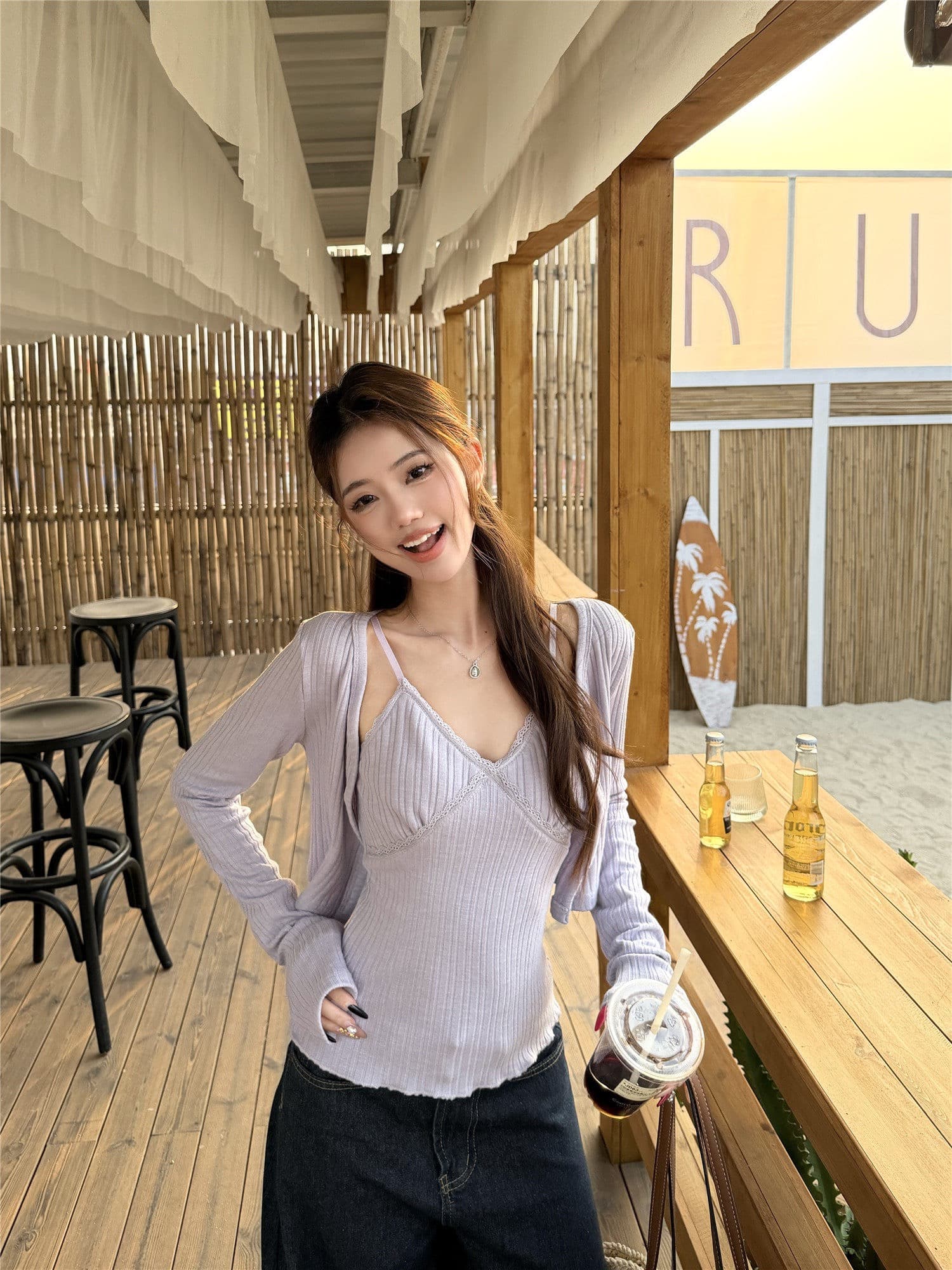 원본 원단 핫걸 세트 보라색 니트 오픈 가디건 여성 코트 봄 인사이드 가져 가라. 레이스 캐미솔 투피스 세트 상세 이미지 1