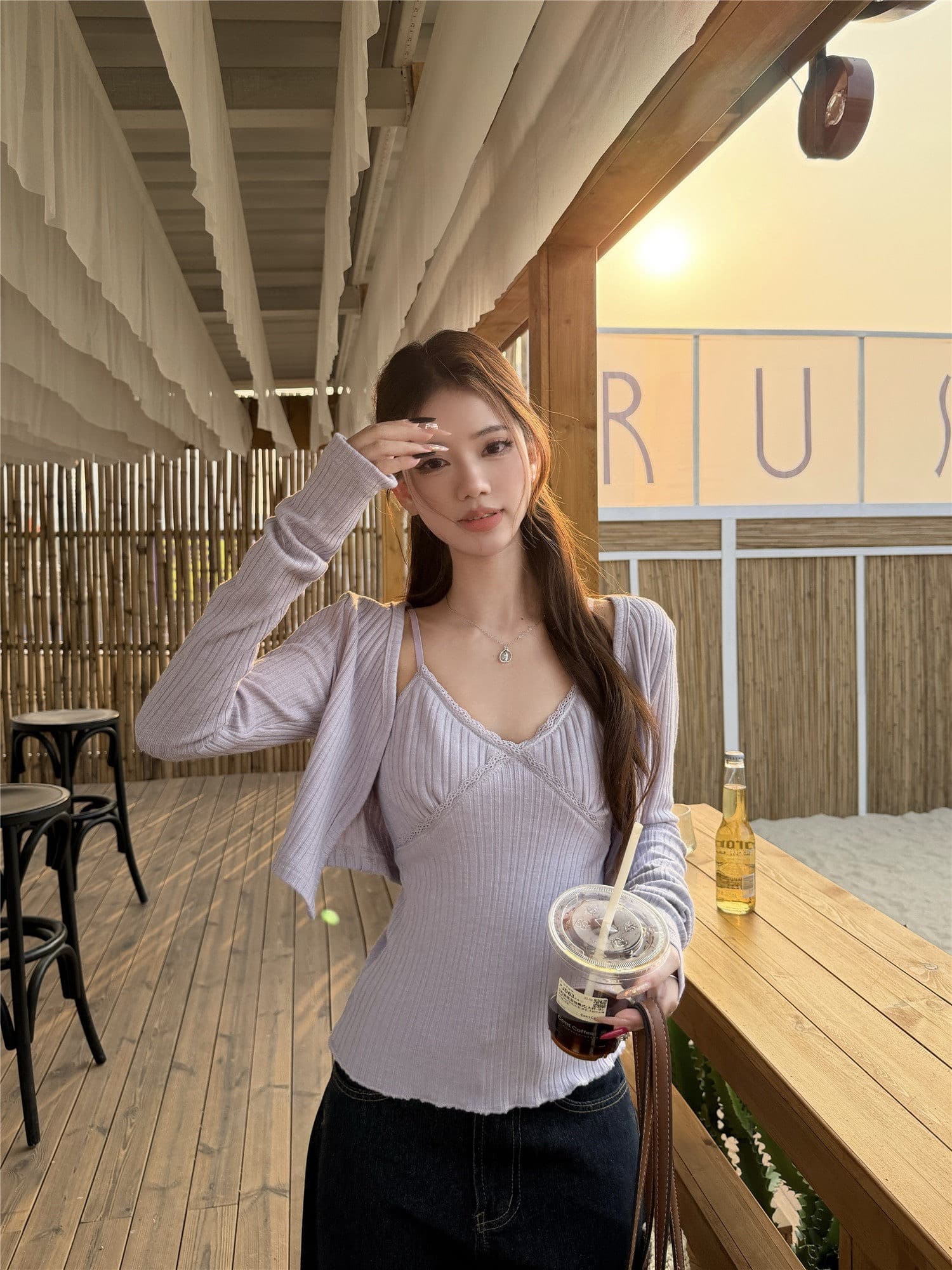 원본 원단 핫걸 세트 보라색 니트 오픈 가디건 여성 코트 봄 인사이드 가져 가라. 레이스 캐미솔 투피스 세트 상세 이미지 2