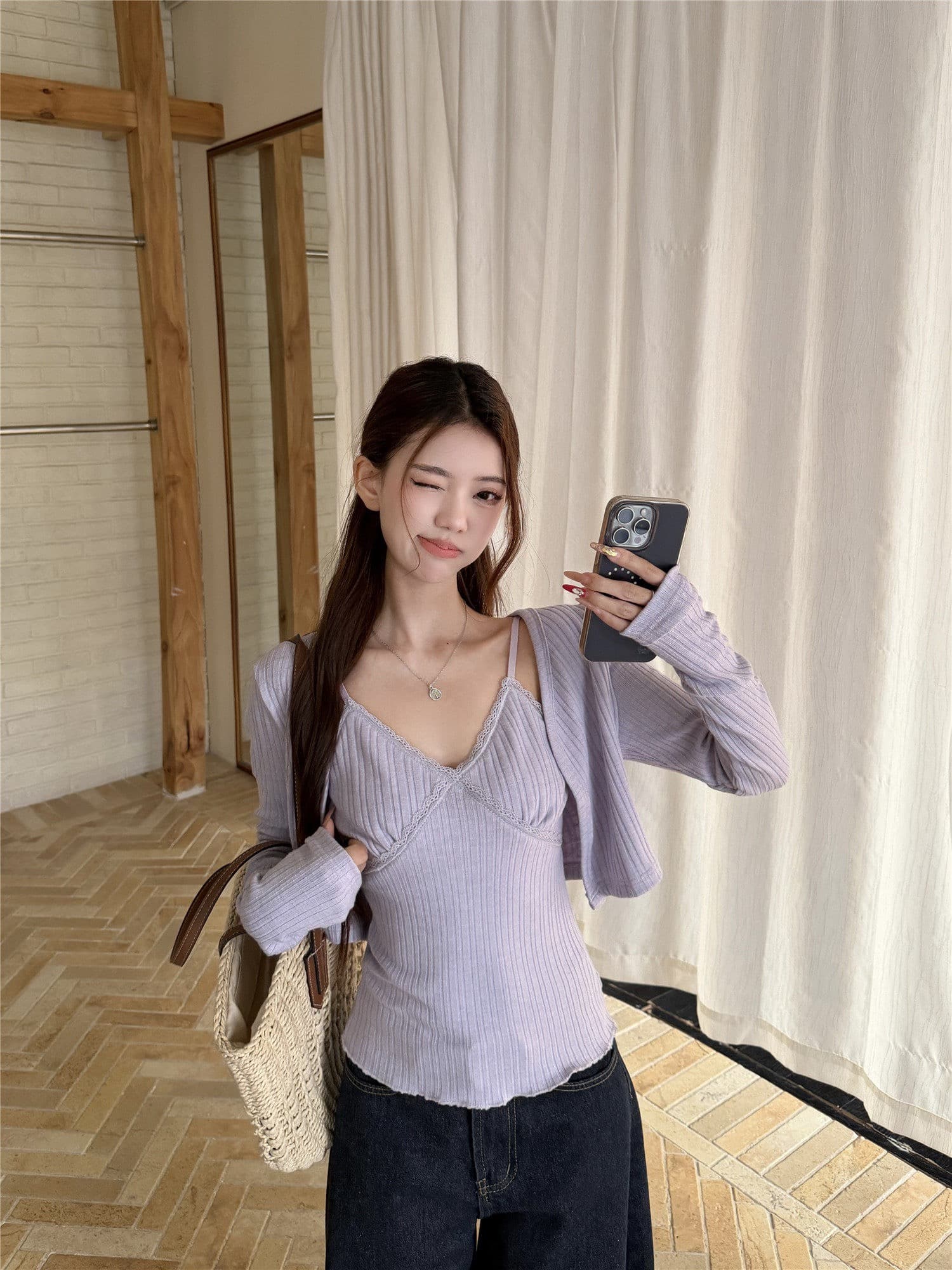 원본 원단 핫걸 세트 보라색 니트 오픈 가디건 여성 코트 봄 인사이드 가져 가라. 레이스 캐미솔 투피스 세트 상세 이미지 10