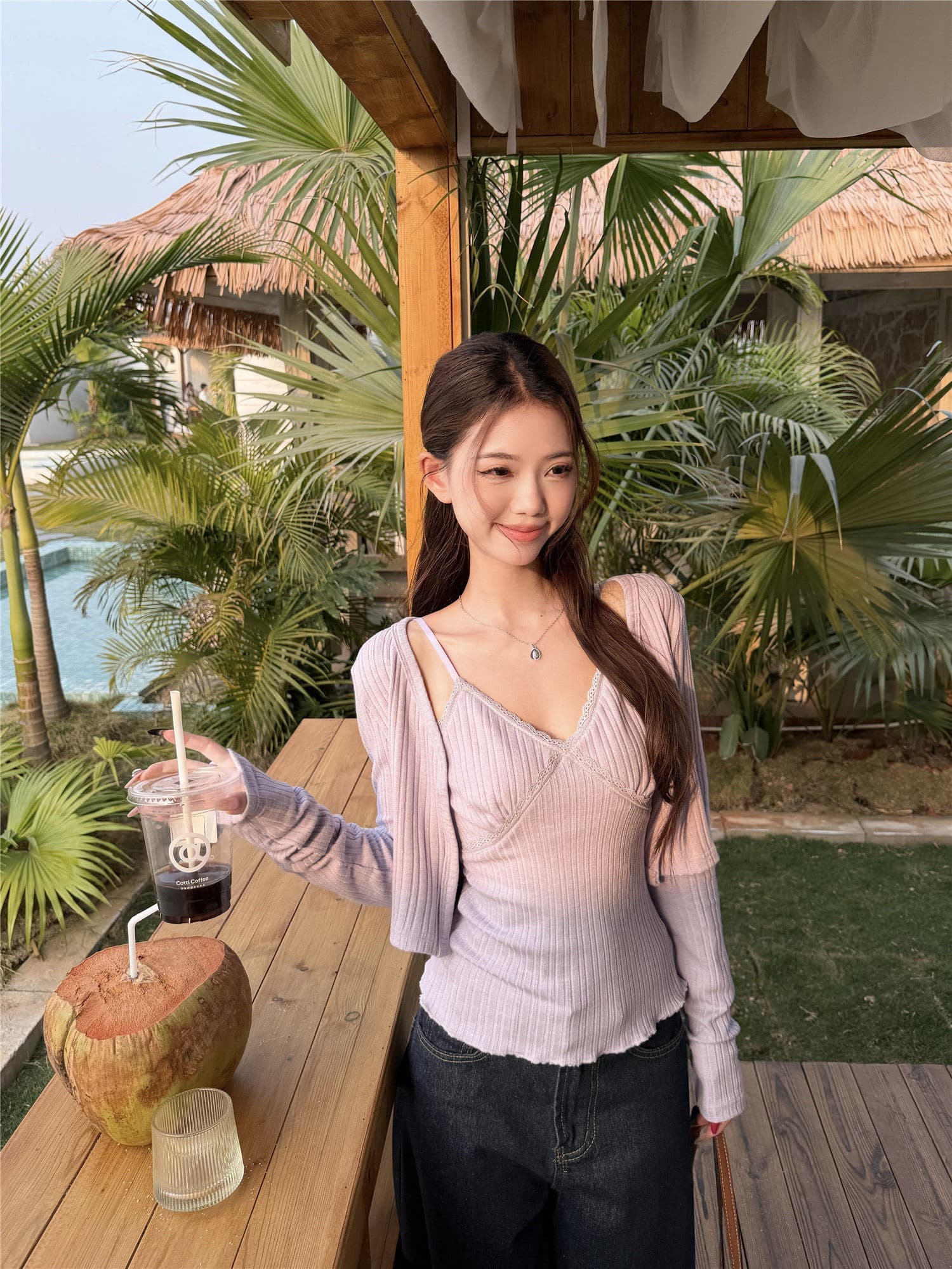 원본 원단 핫걸 세트 보라색 니트 오픈 가디건 여성 코트 봄 인사이드 가져 가라. 레이스 캐미솔 투피스 세트 상세 이미지 11