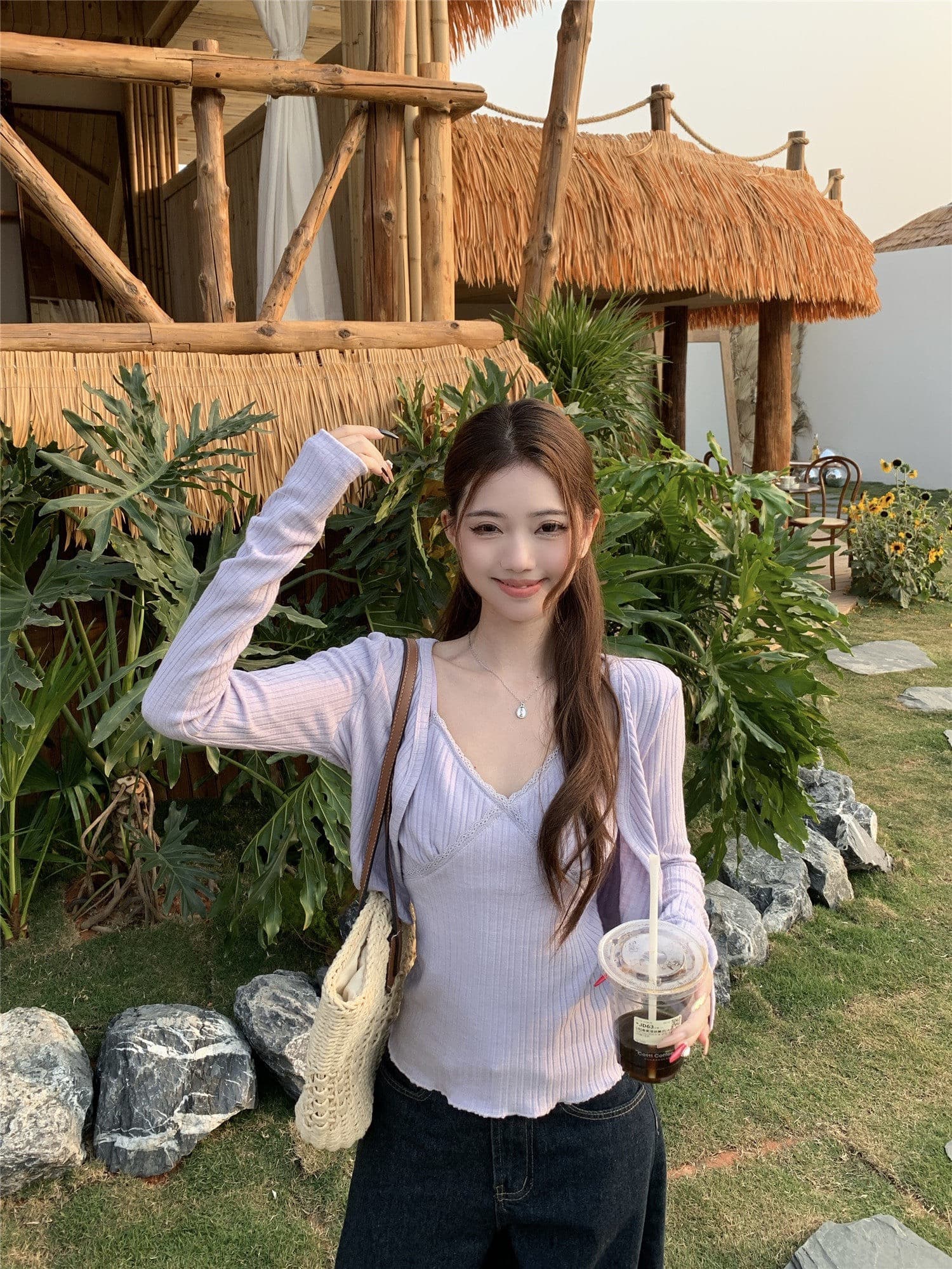 원본 원단 핫걸 세트 보라색 니트 오픈 가디건 여성 코트 봄 인사이드 가져 가라. 레이스 캐미솔 투피스 세트 상세 이미지 12