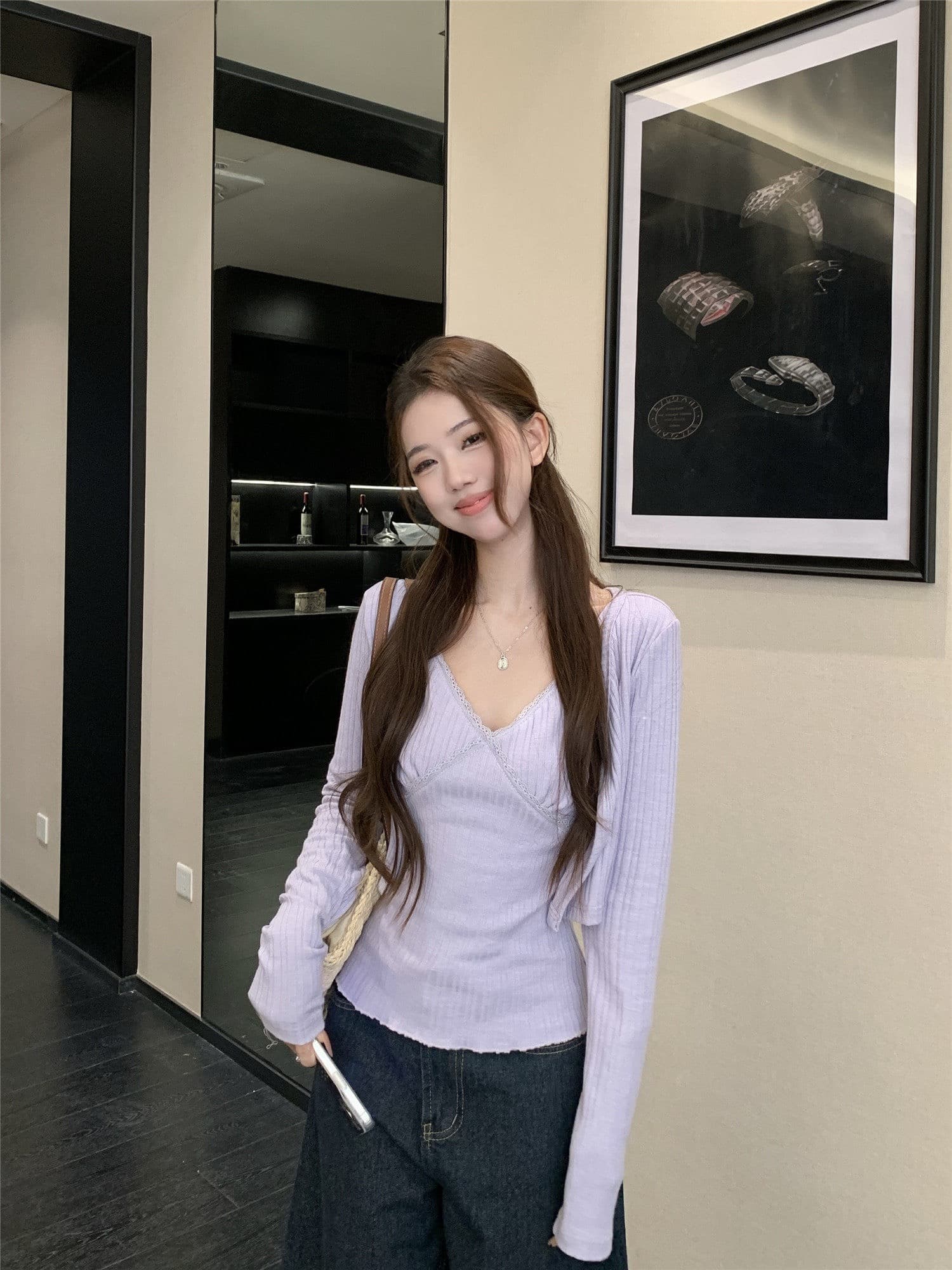 원본 원단 핫걸 세트 보라색 니트 오픈 가디건 여성 코트 봄 인사이드 가져 가라. 레이스 캐미솔 투피스 세트 상세 이미지 18